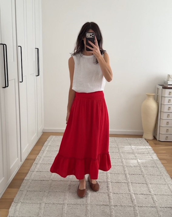 100% Organic Cotton Gauze Smocked Maxi Skirt - PDP Video Thumbnail (Wild Cherry, 4x5)