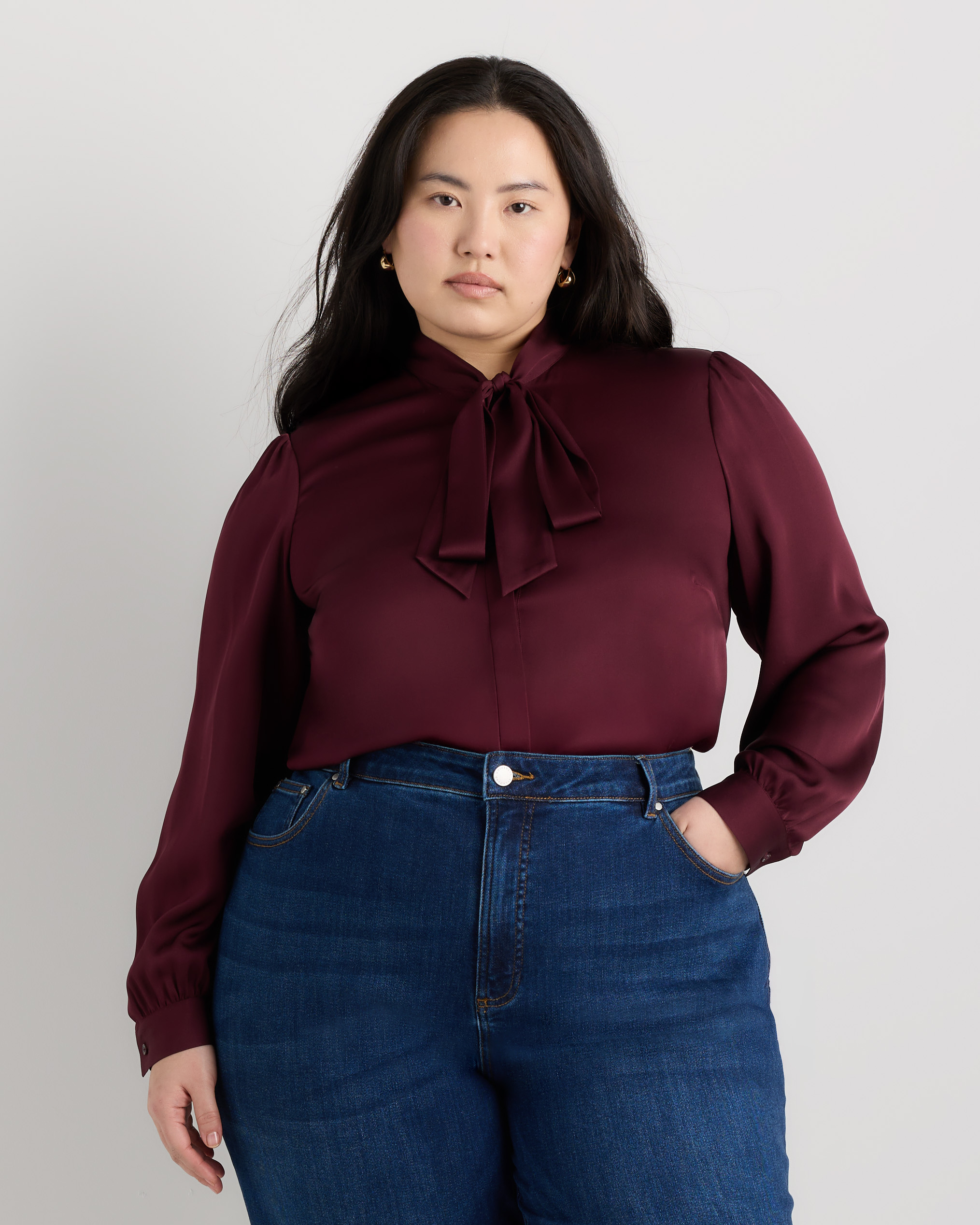 Wine Tasting Red Washable Stretch Silk Tie Neck Blouse