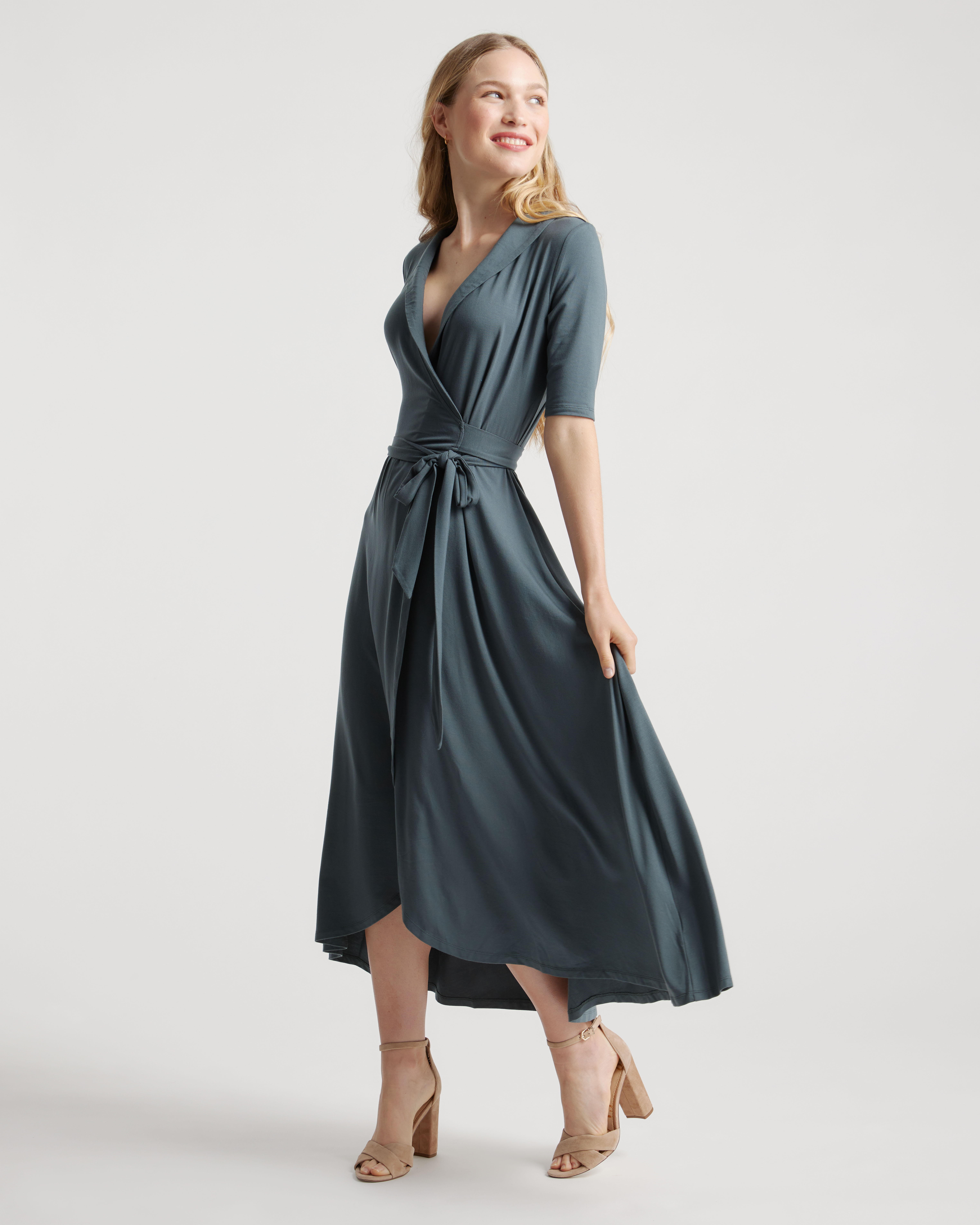 Quince Women's Tencel Jersey Midi Wrap Dress, Dark Olive, Size XS - Eco-Friendly, Comfy, Modern Length, Rounded Collar