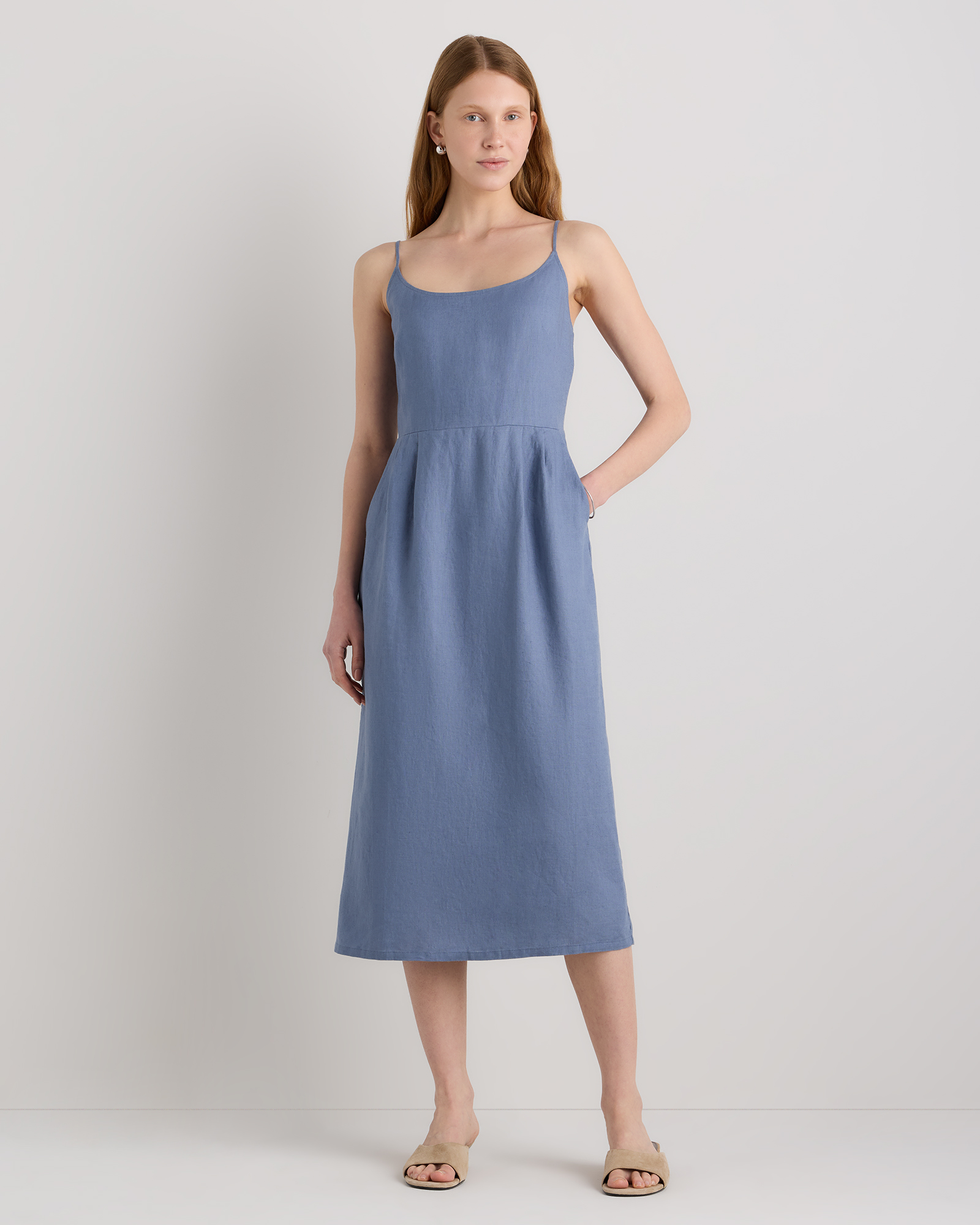Moonstone Blue 100% European Linen Scoop Neck Midi Dress