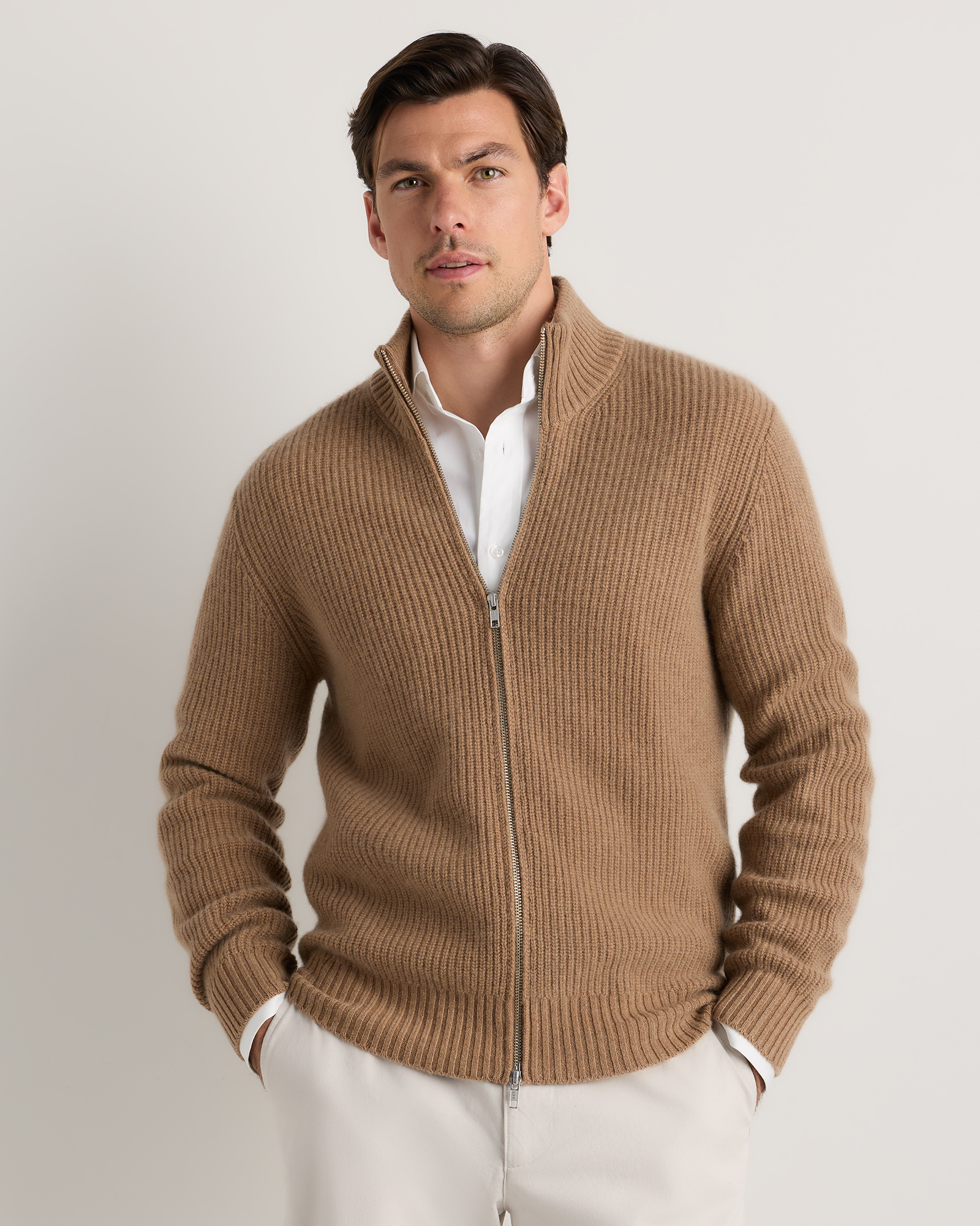 Quince Men's Mongolian Cashmere Fisherman Full Zip Sweater In Brown
