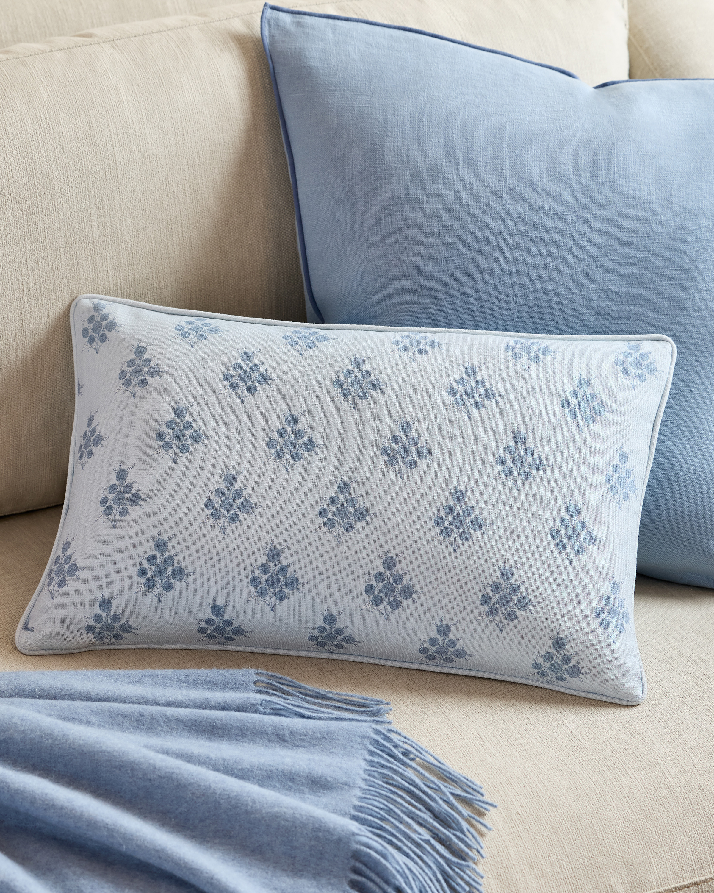 Light Blue Piped Block Print Cotton Pillow Cover