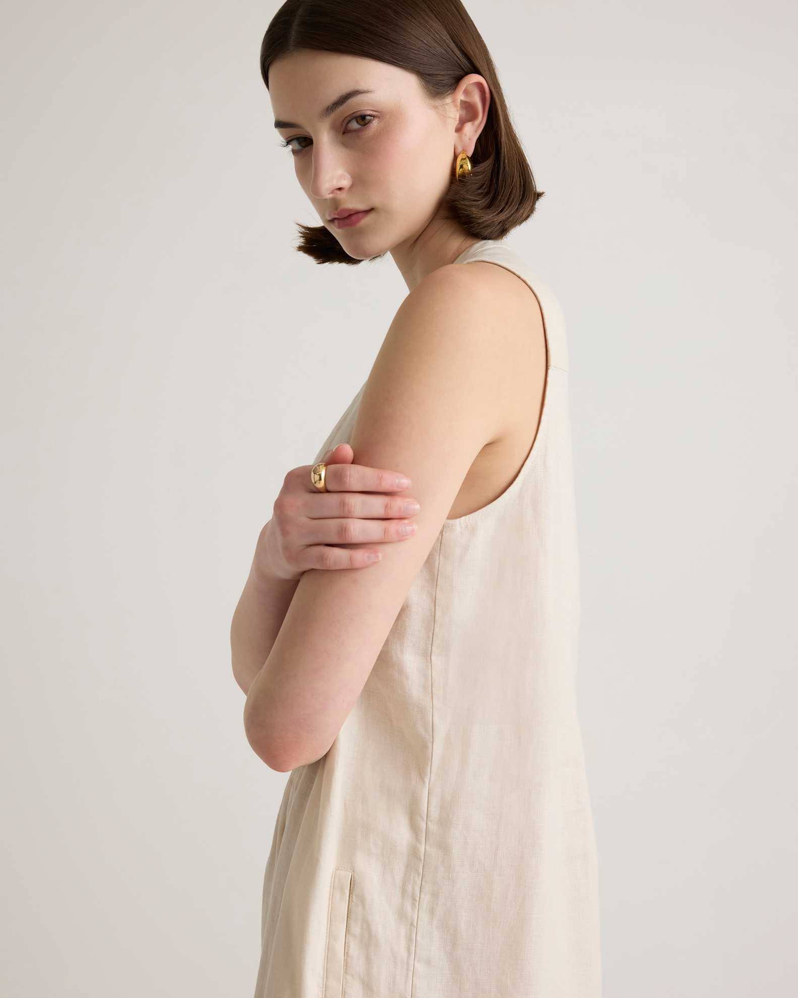 100% European Linen Sleeveless Swing Dress in Sand 100% European Linen Sleeveless Swing Dress in Sand