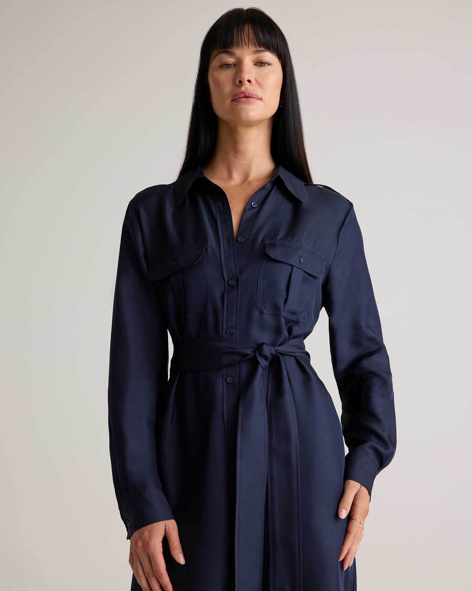 100% Silk Twill Utility Shirt Dress in Deep Navy 100% Silk Twill Utility Shirt Dress in Deep Navy