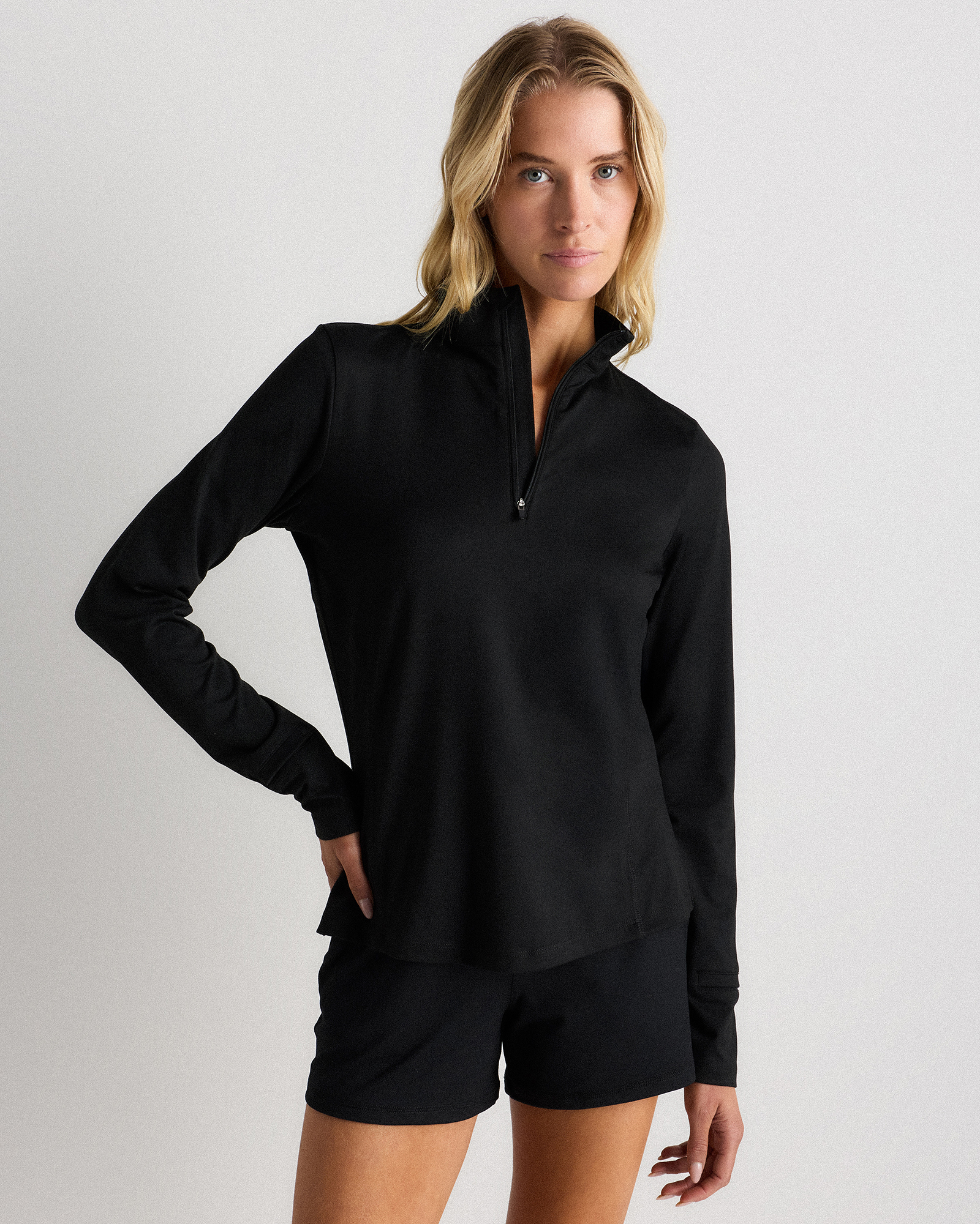 Black Flowknit Quarter-Zip Pullover
