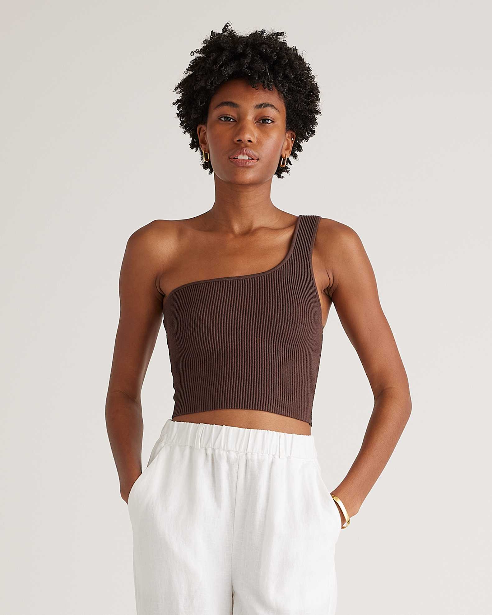 Cropped One Shoulder Ribbed Knit Tank in Dark Brown