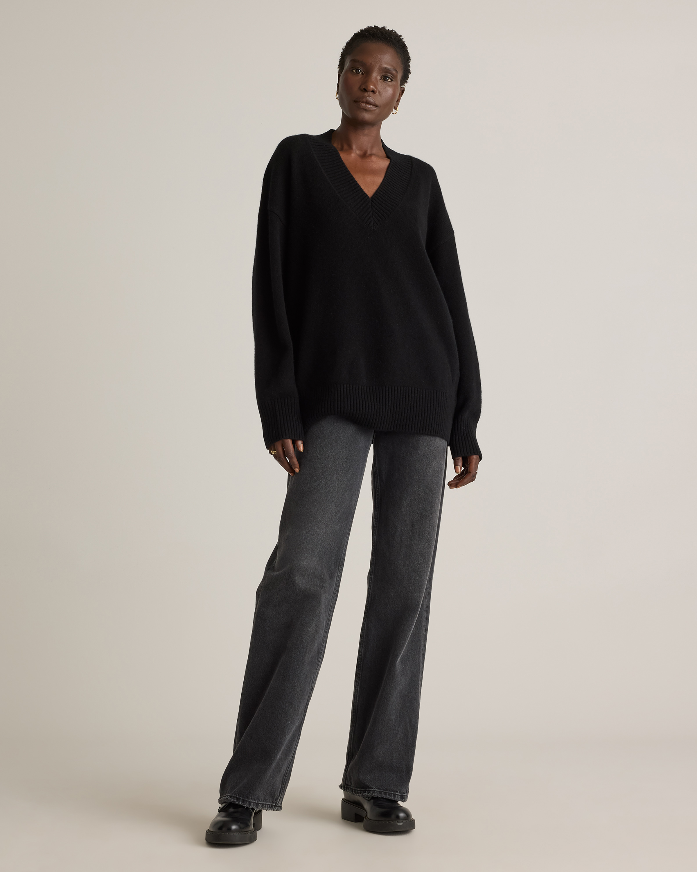 Mongolian Cashmere Oversized V-Neck Sweater in Black