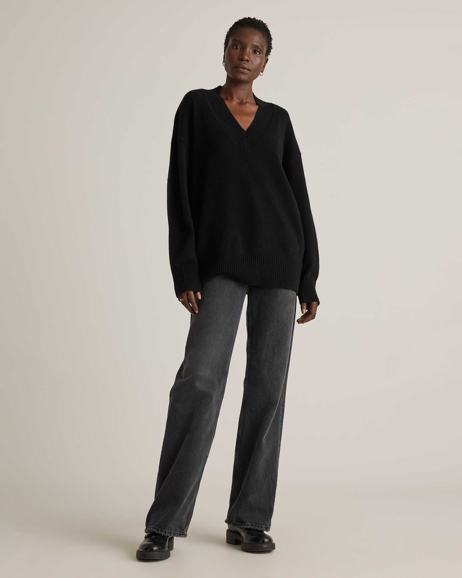 Mongolian Cashmere Oversized V-Neck Sweater in Black