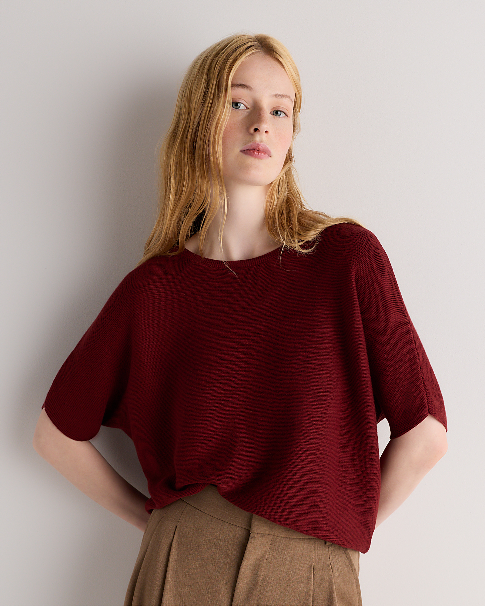 Deep Brick Red Lightweight Cotton Cashmere Link-Stitch Dolman Sweater 