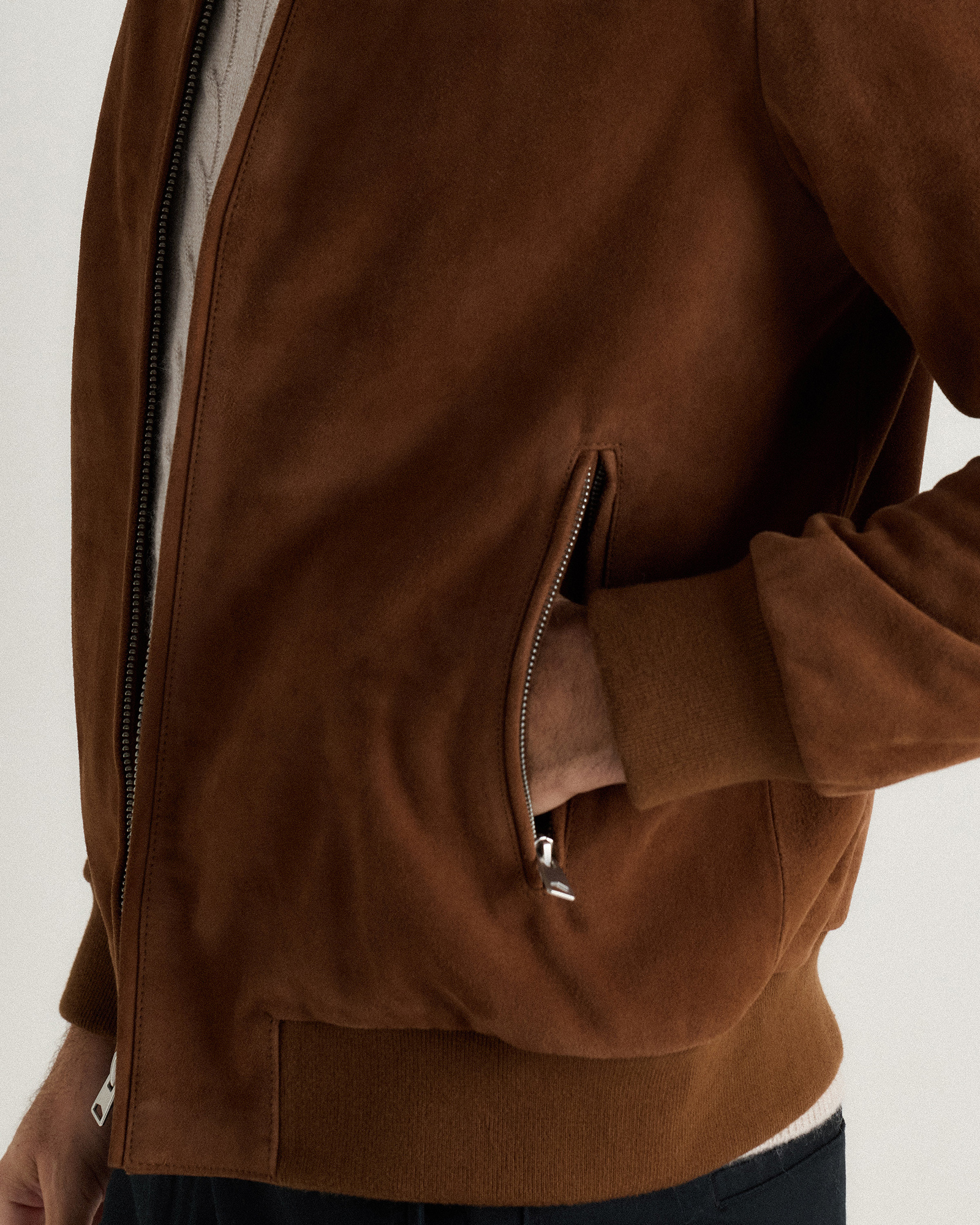 100% Suede Bomber Jacket in Dark Chestnut Brown