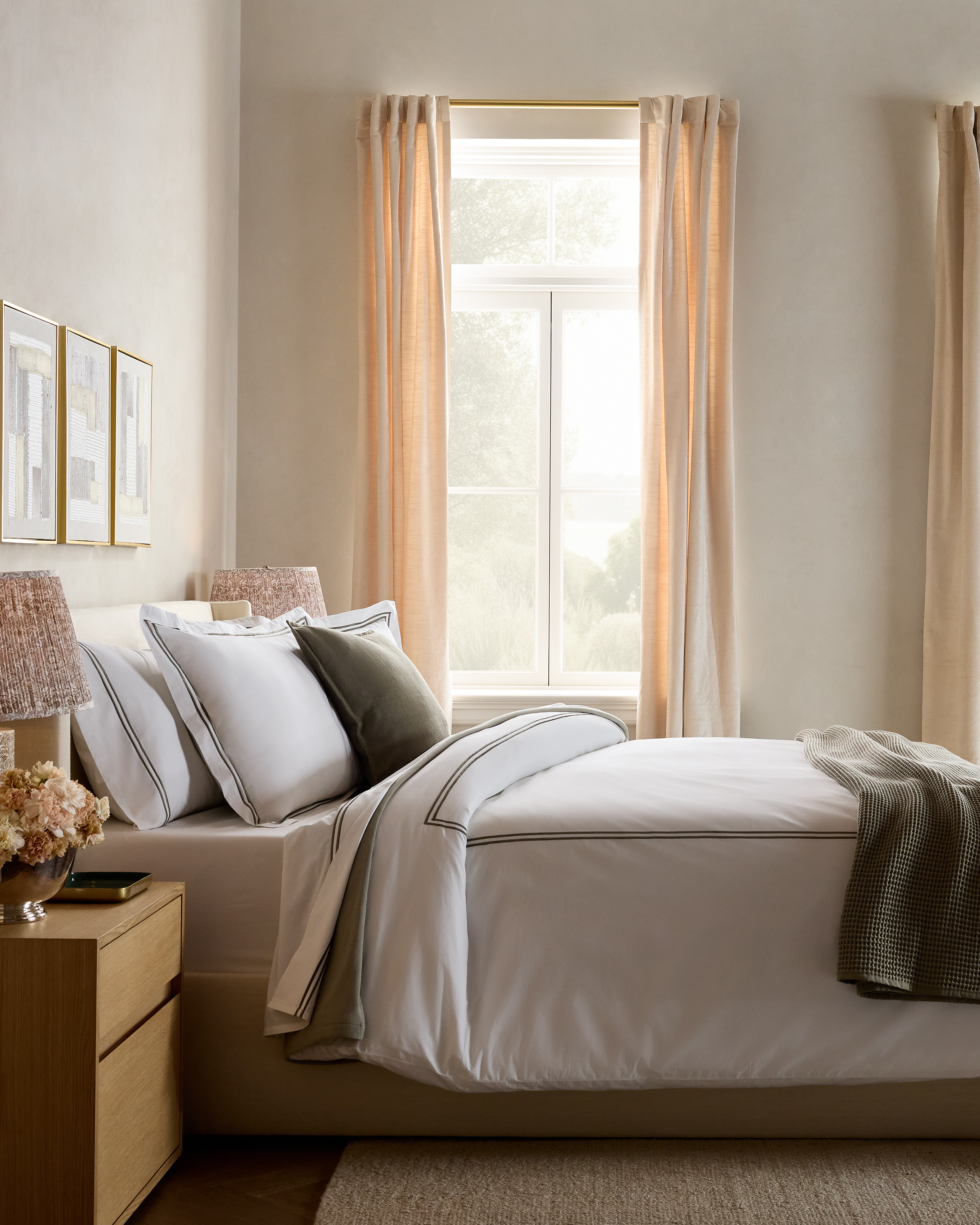 White/Dusty Olive Classic Organic Percale Embellished Duvet Cover