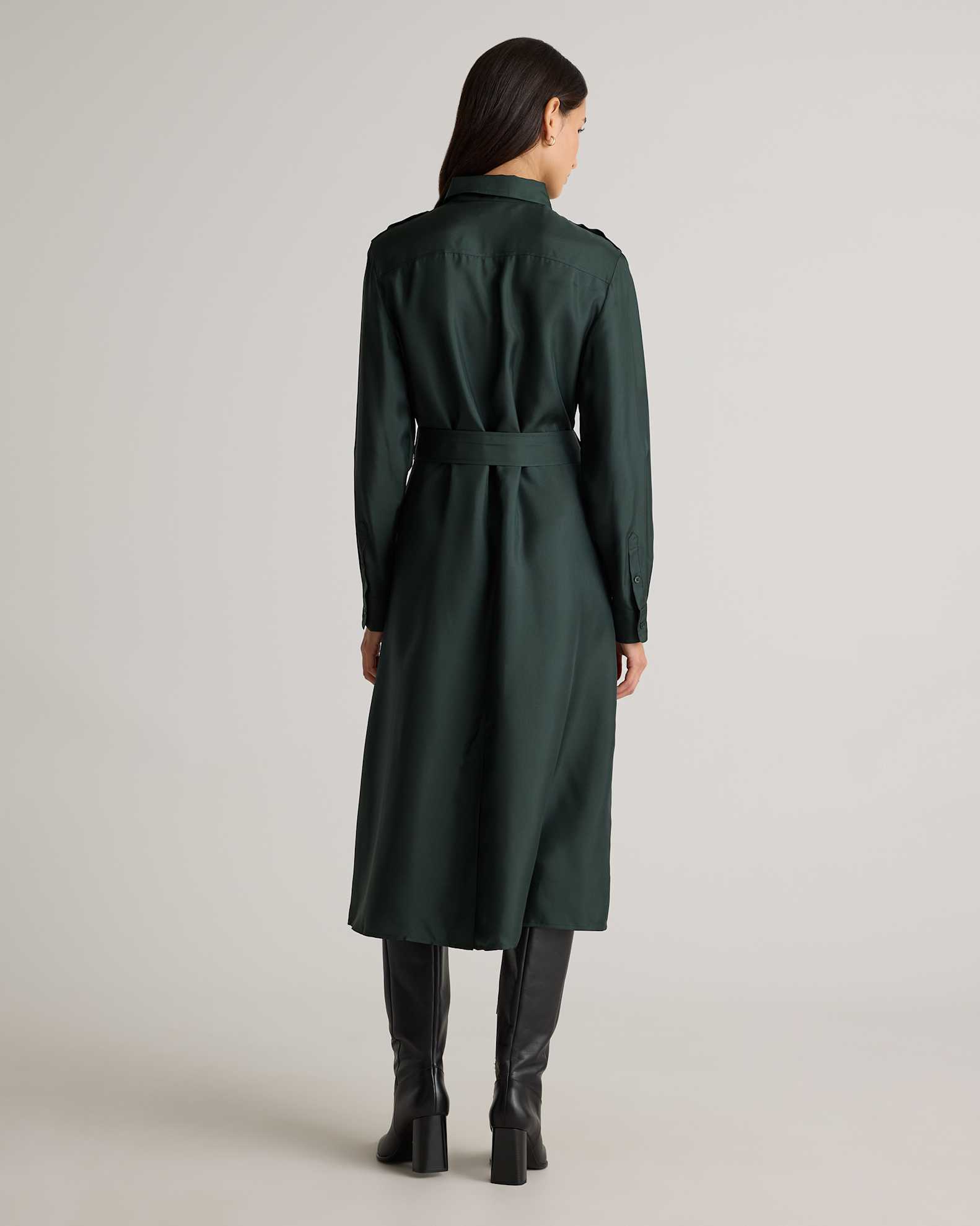 100% Silk Twill Utility Shirt Dress in Forest Green 100% Silk Twill Utility Shirt Dress in Forest Green