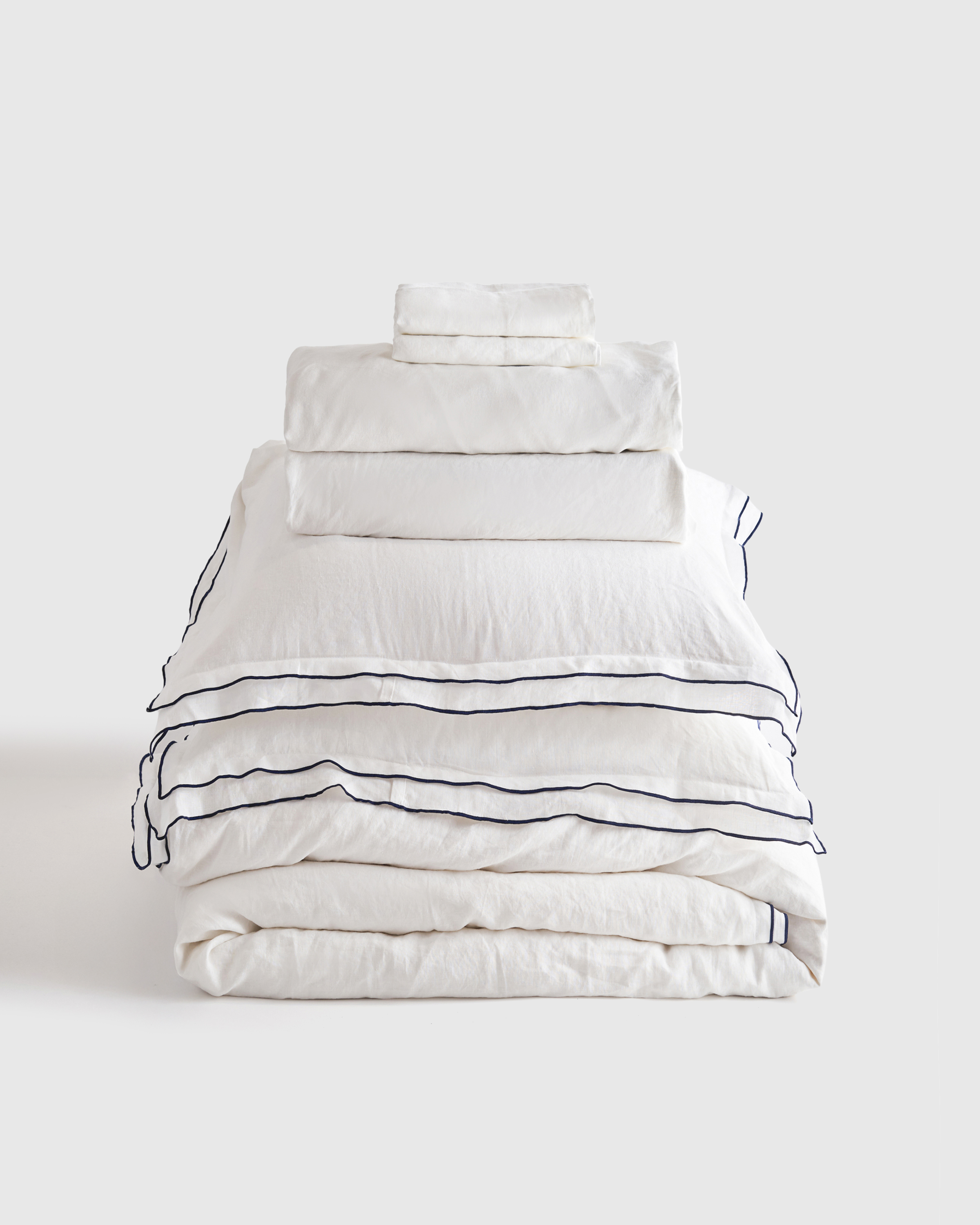 Double Edge Embroidery Navy European Linen Double Edge Embroidery Duvet Deluxe Bundle