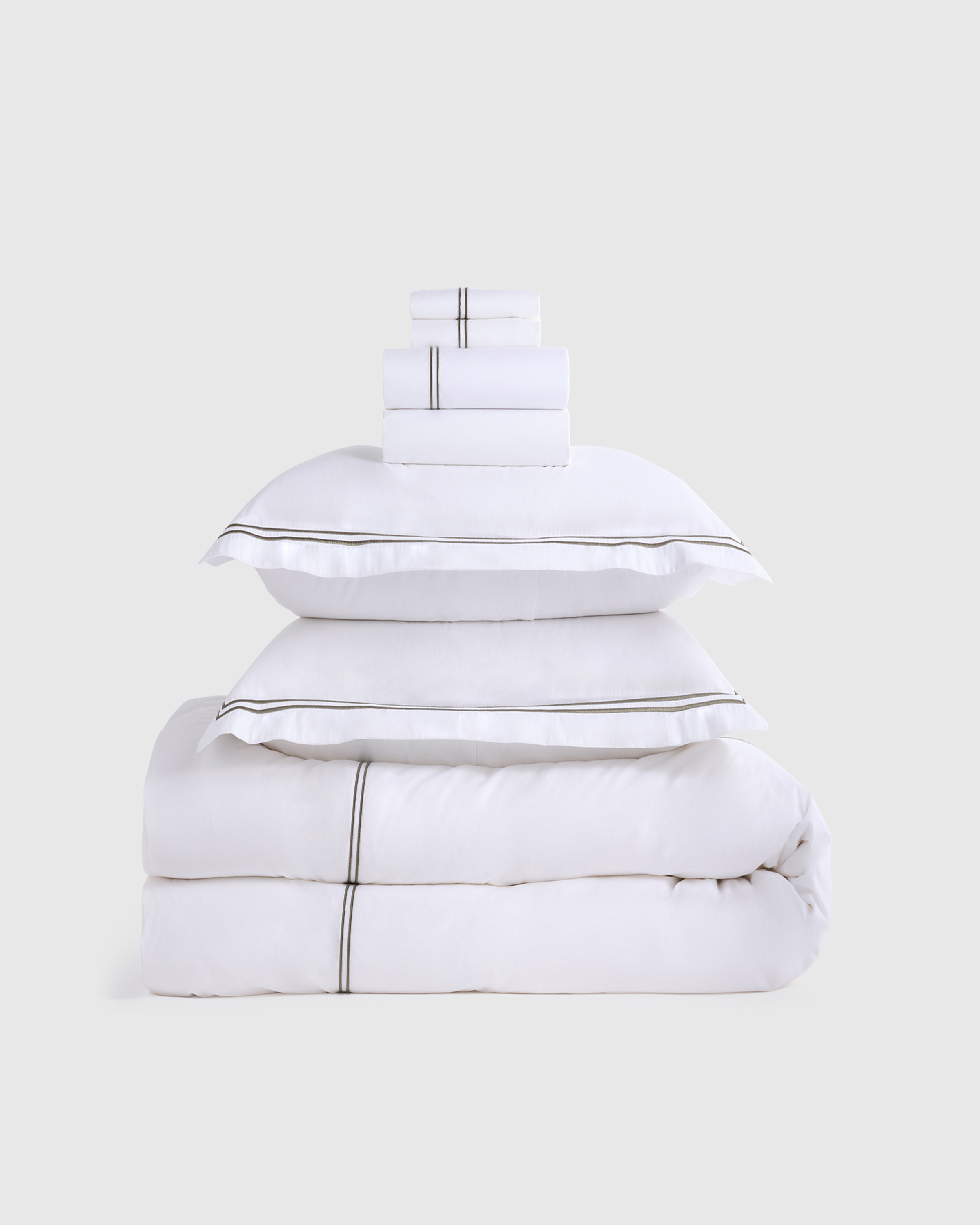 White/Dusty Olive Classic Organic Percale Embellished Deluxe Bedding Bundle