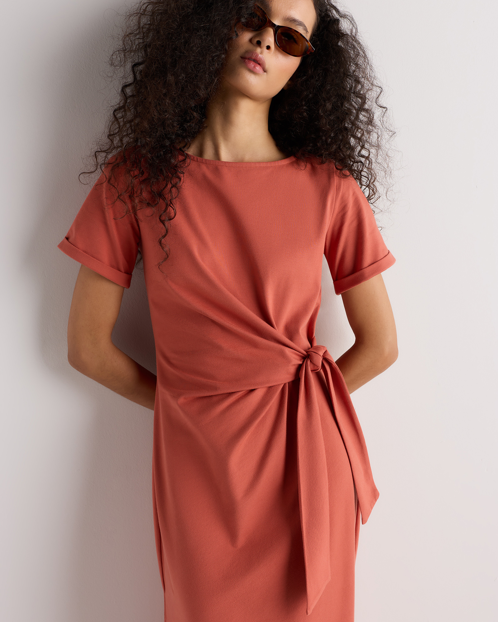 Stretch Cotton Jersey Side Tie Midi Dress in Spiced Orange