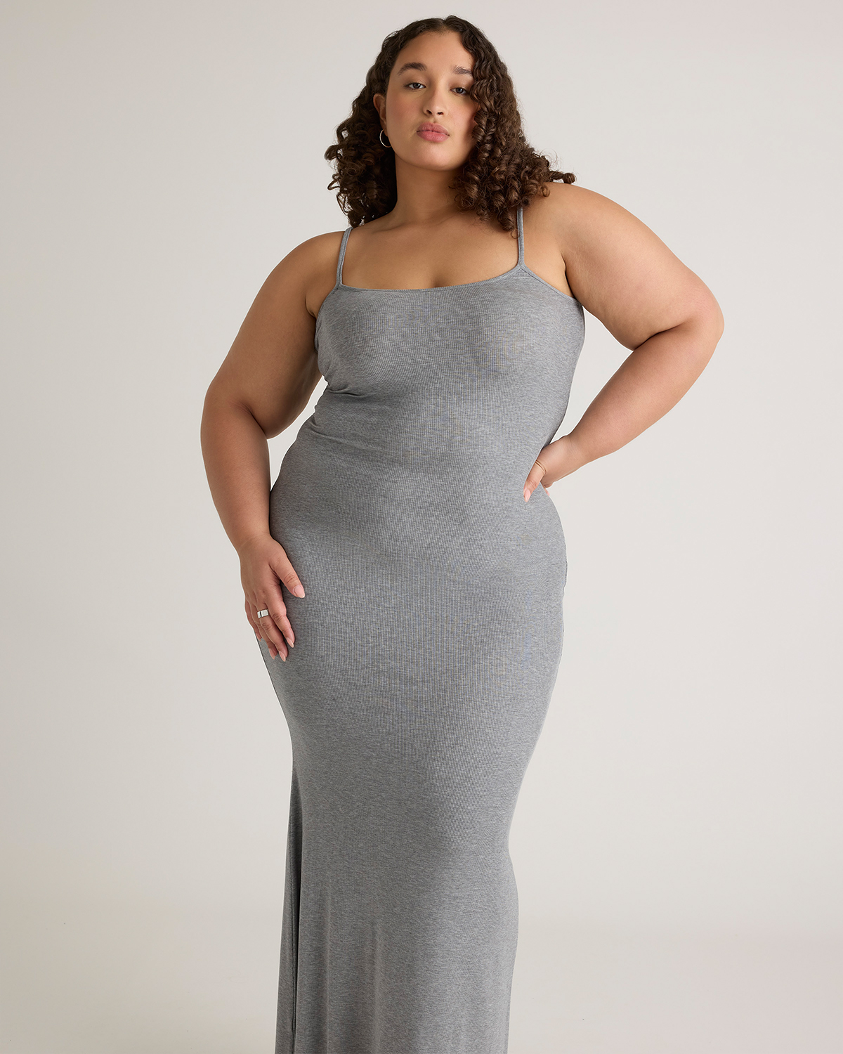Quince Women's Tencel Rib Knit Maxi Slip Dress, Heather Grey, Size 1X, Cotton/Modal - Body-Hugging Fit, Spaghetti Straps