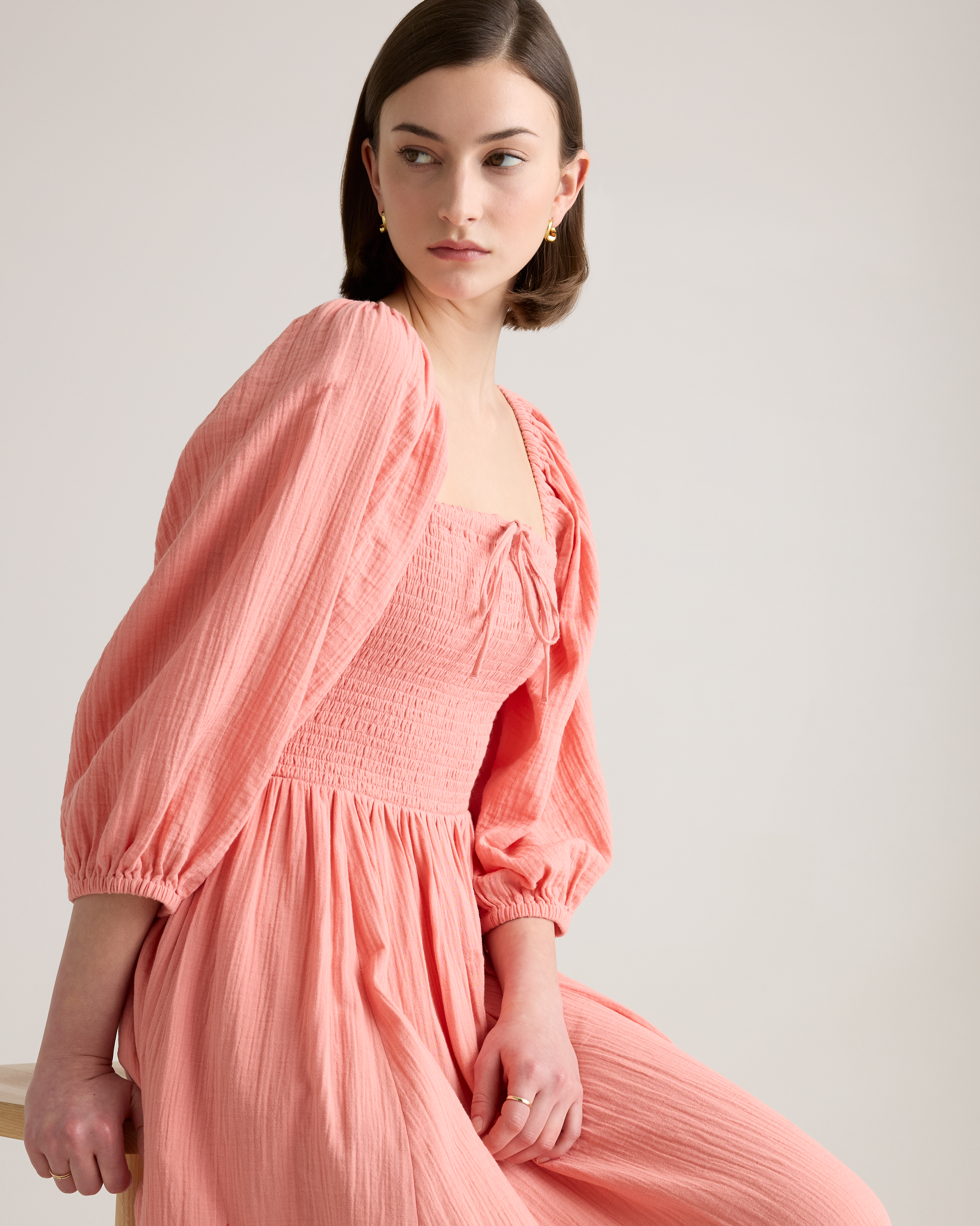 knee length dresses for ladies Tea-Length Coral Wedding Guest Dress with Long Sleeves– PromGirl main image 1