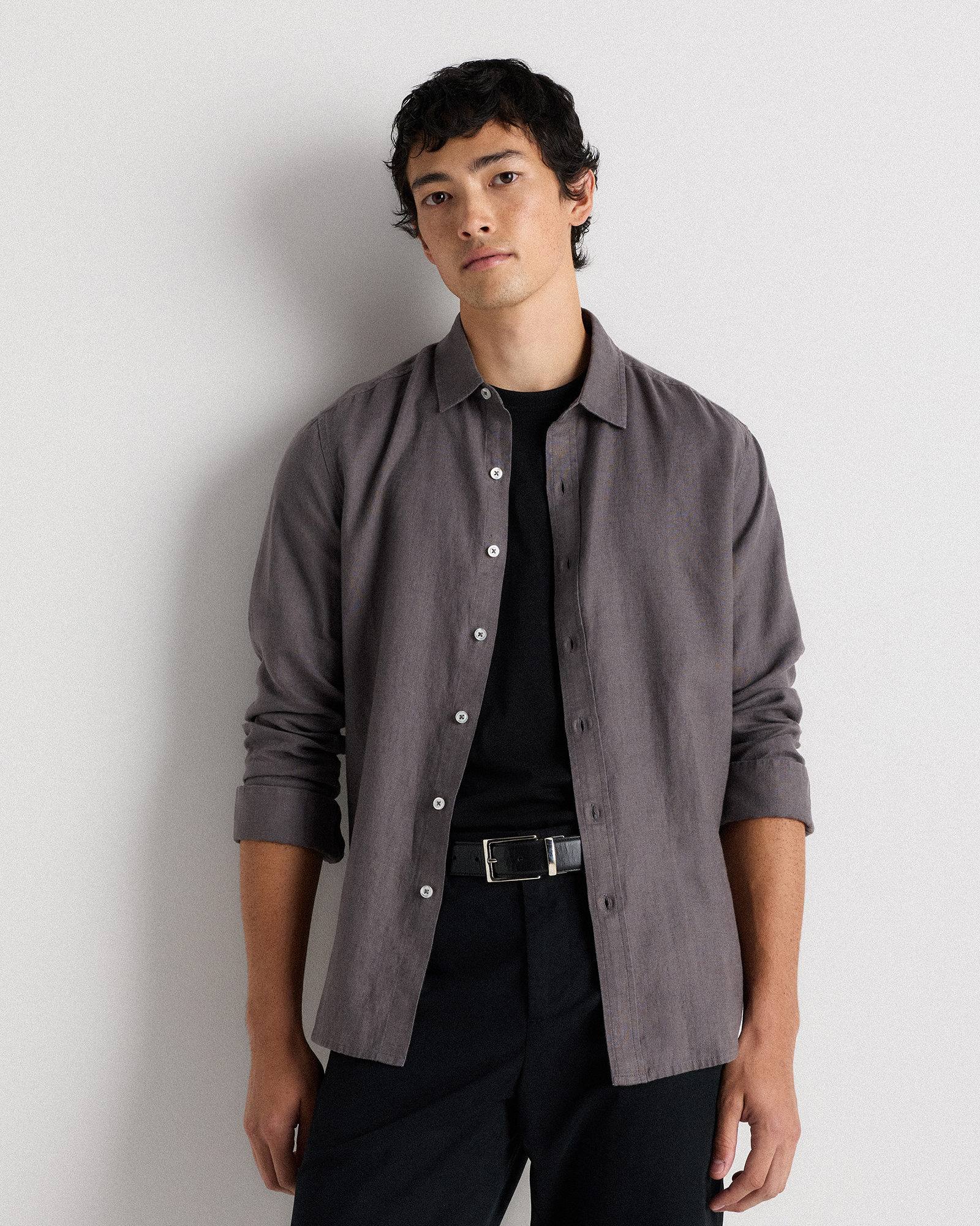Dark Gull Grey 100% European Linen Relaxed Long Sleeve Shirt