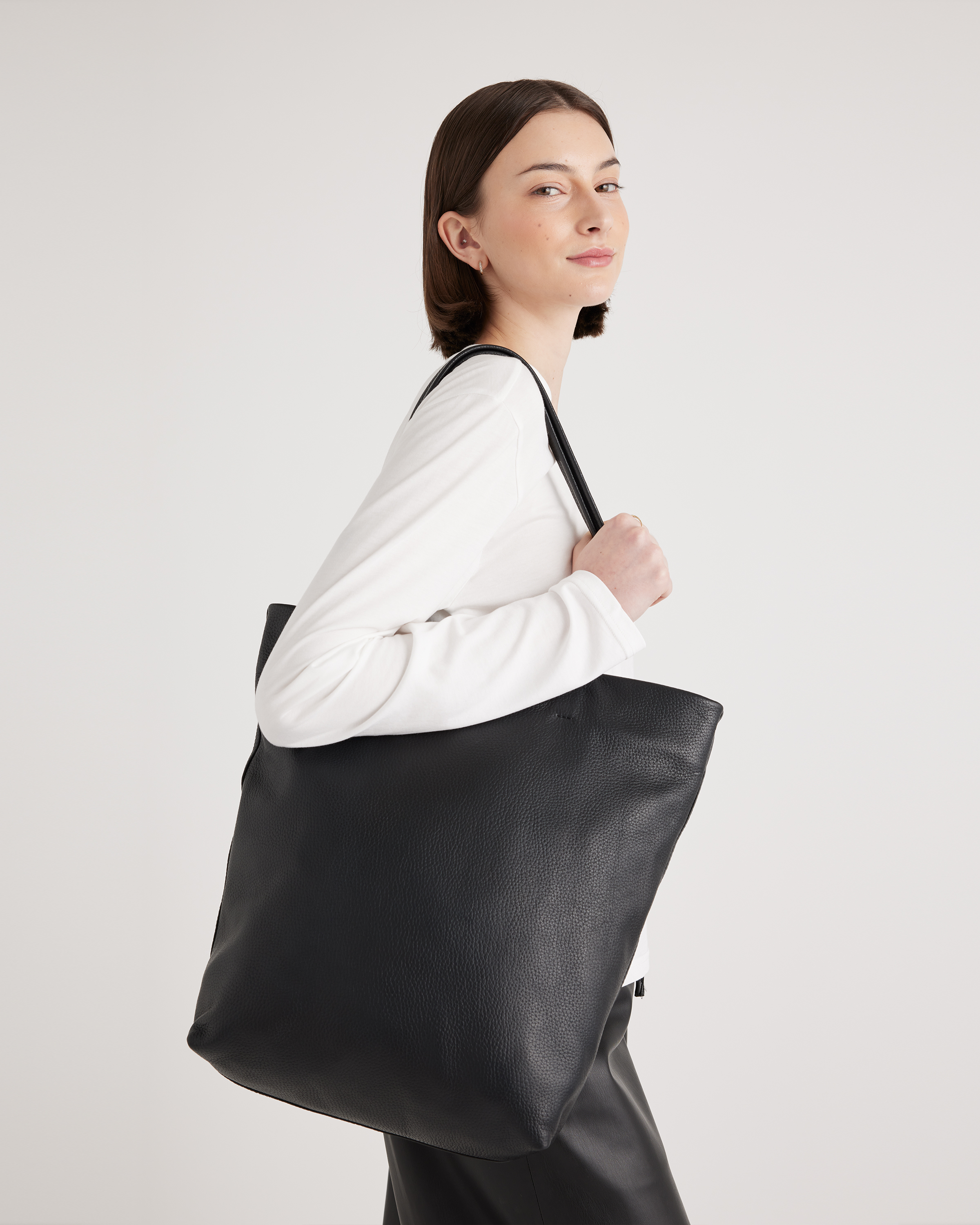 Italian Leather Tall Zip Top Tote - Thumbnail 2