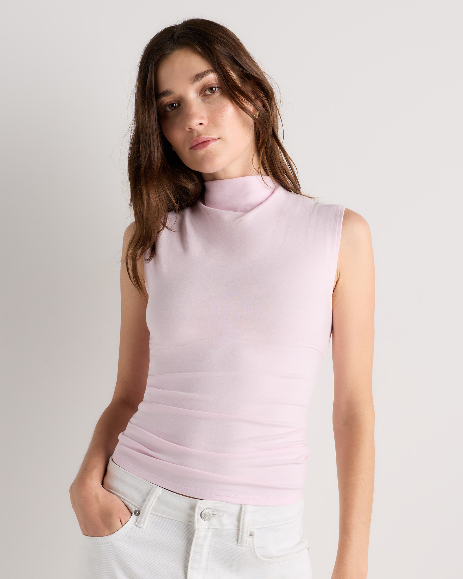 Petal Pink Stretch Cotton Jersey Sleeveless Mock Neck Top