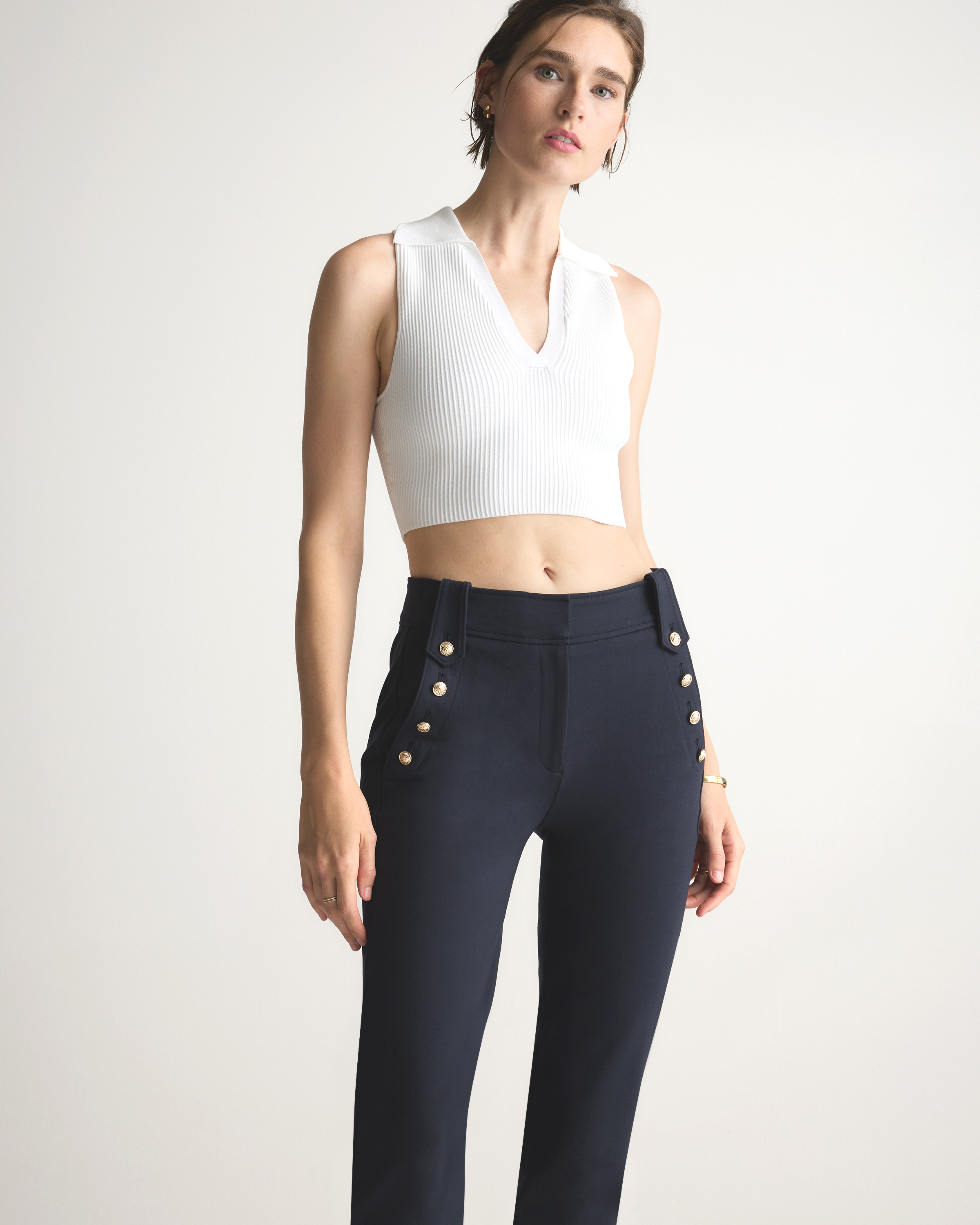 White Cropped Polo Ribbed Knit Tank