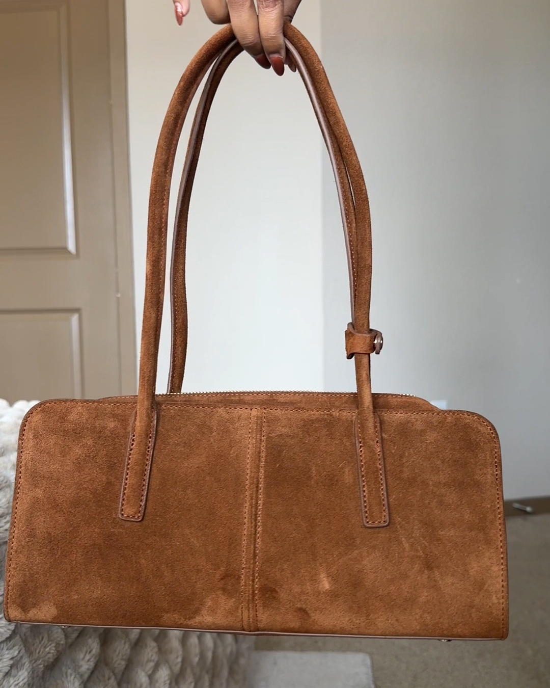 Italian Suede East-West Shoulder Bag Whiskey Aaliyah Molyneaux 4x5