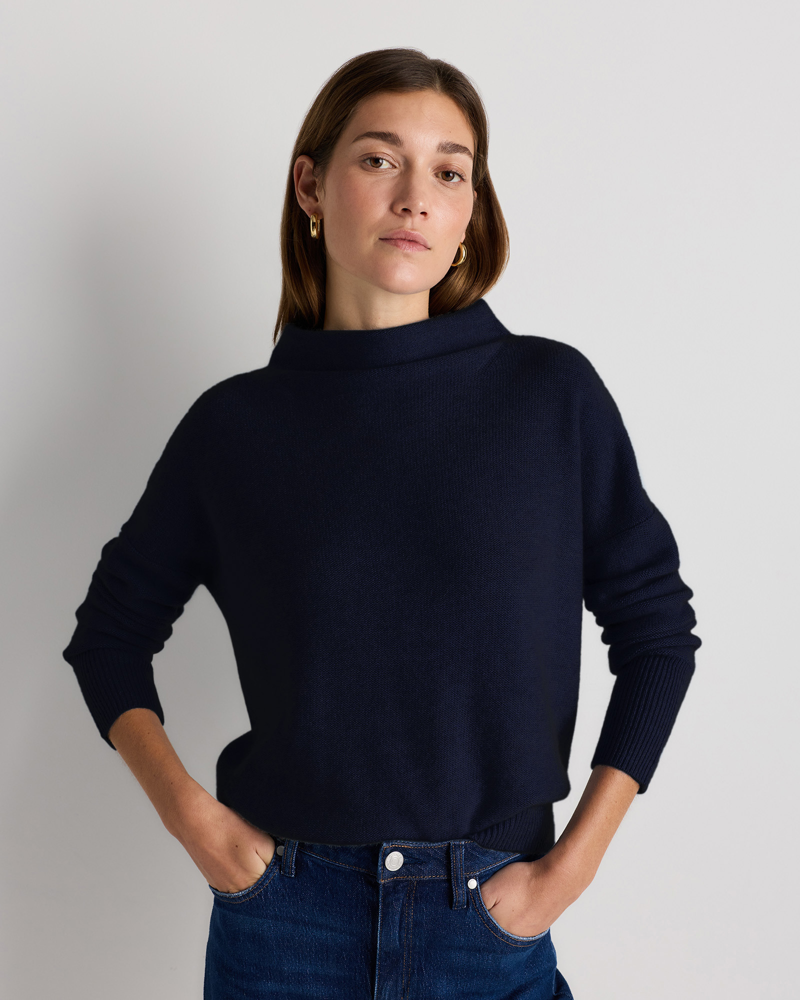 True Navy Mongolian Cashmere Funnel Neck Sweater