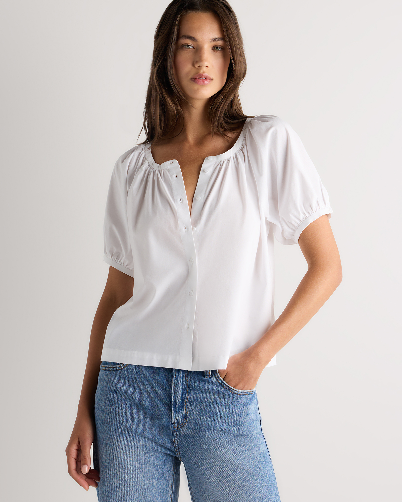 Classic White Cotton Viscose Voile Raglan Short Sleeve Blouse