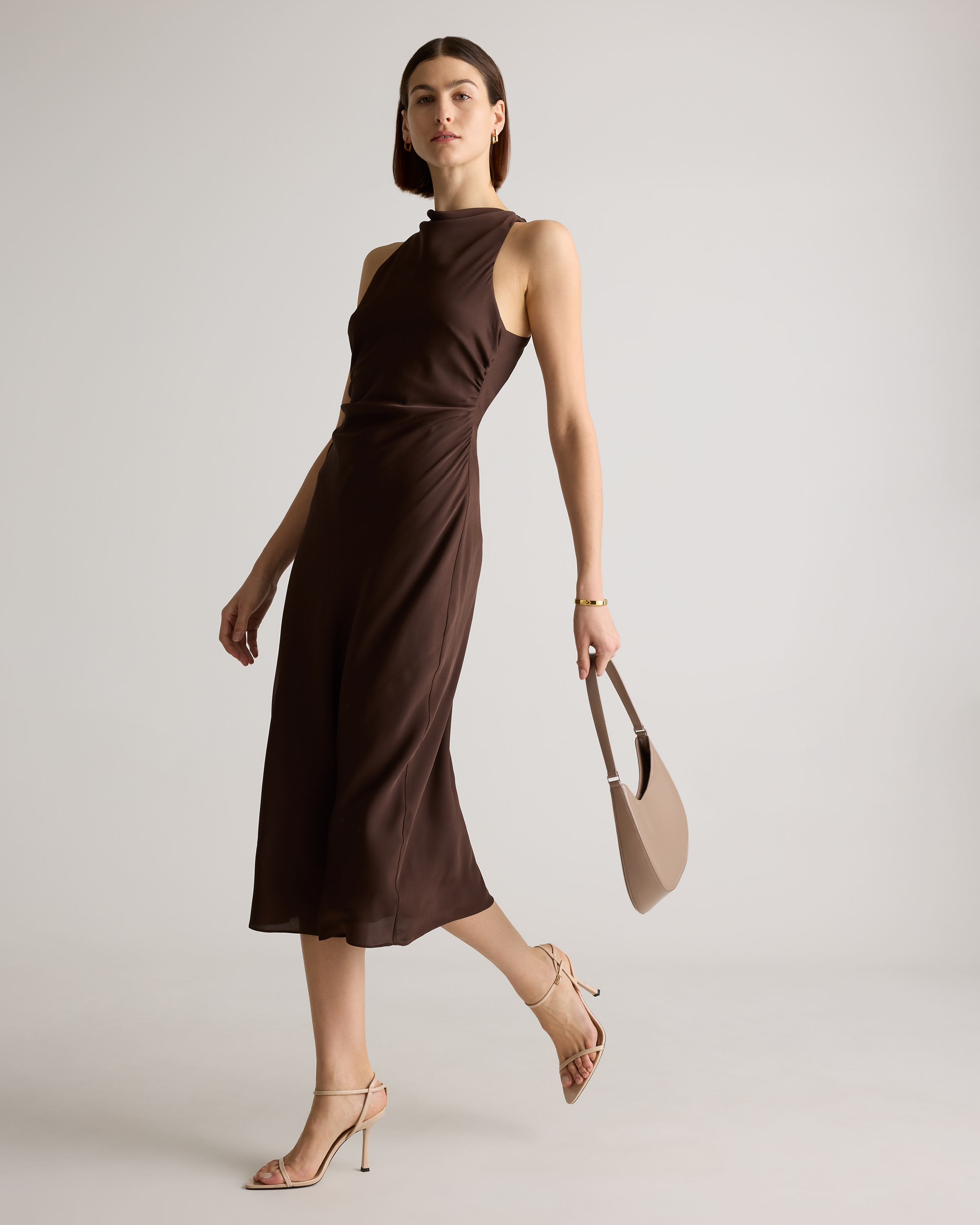 Quince Women's Washable Stretch Silk High Neck Midi Dress, Hot Fudge, Size Large, Hypoallergenic Mulberry Silk, Thermoregulating