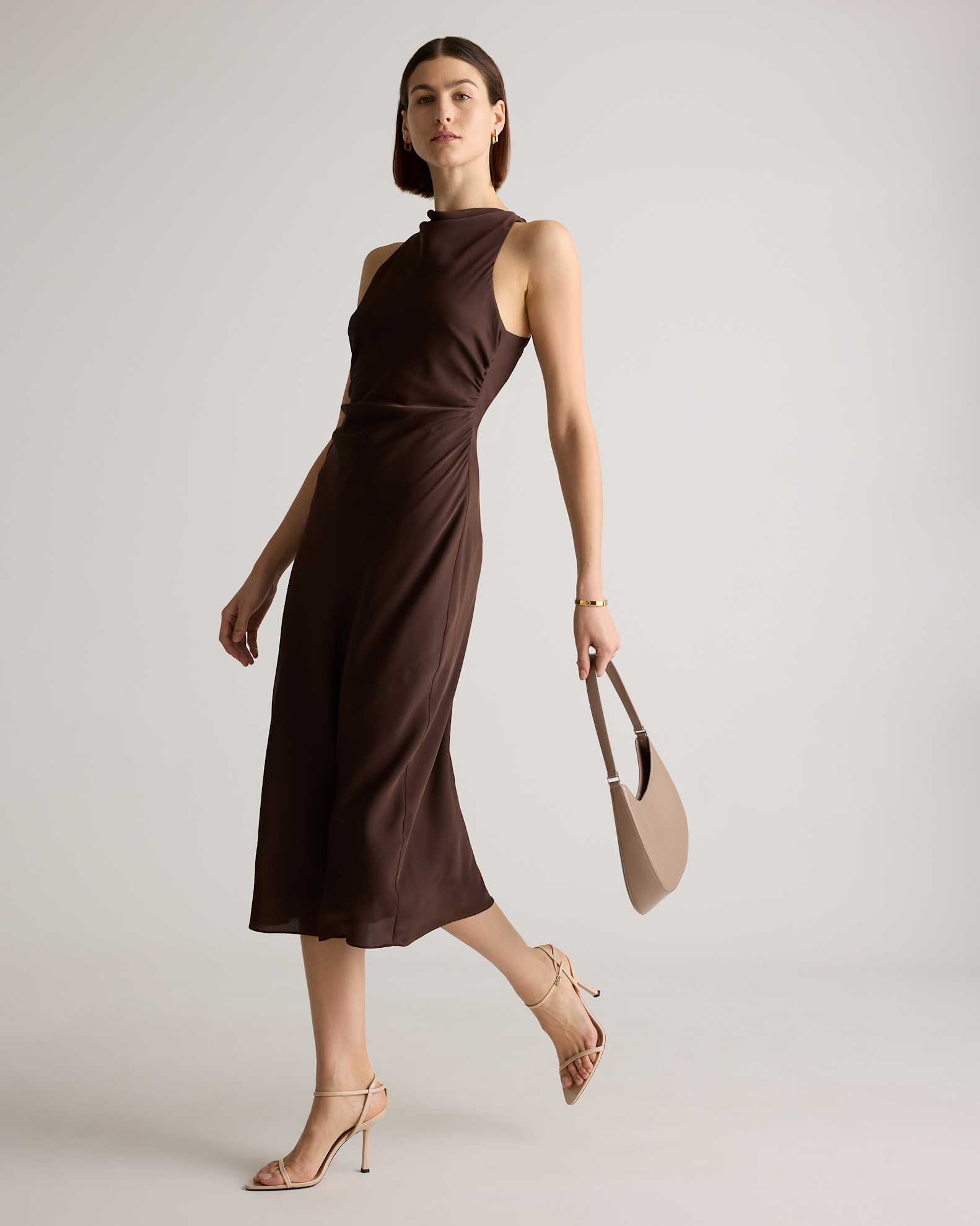 Quince Women's Washable Stretch Silk High Neck Midi Dress, Hot Fudge, Size Large, Hypoallergenic Mulberry Silk, Thermoregulating Quince Women's Washable Stretch Silk High Neck Midi Dress, Hot Fudge, Size Large, Hypoallergenic Mulberry Silk, Thermoregulating