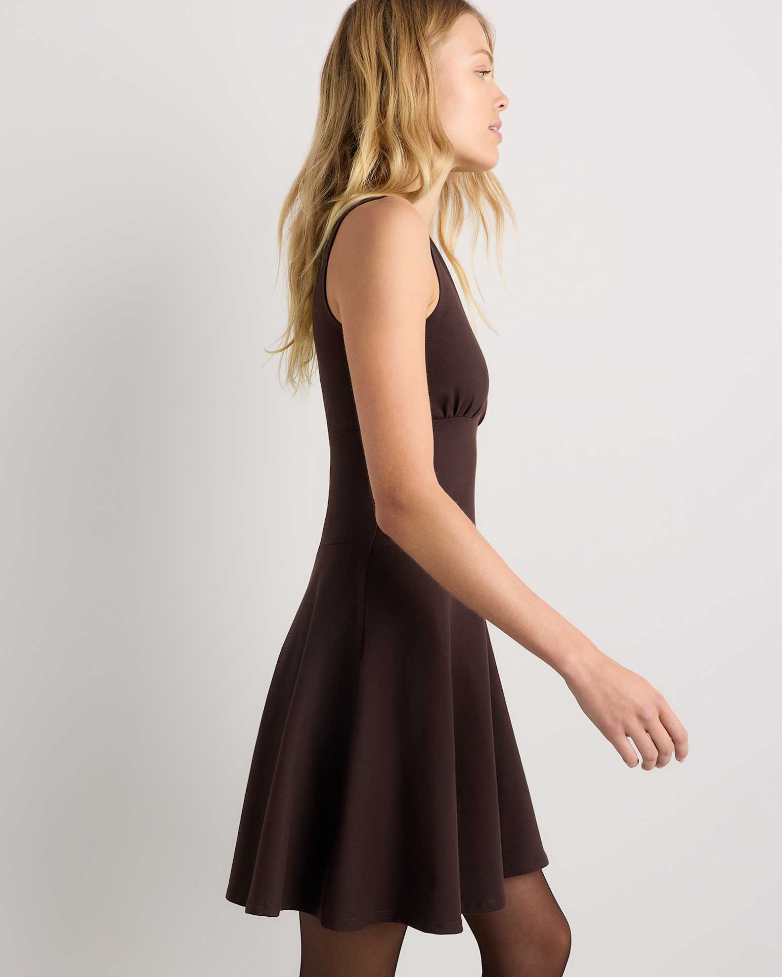 Organic Stretch Jersey Drop Waist Mini Dress in Espresso Organic Stretch Jersey Drop Waist Mini Dress in Espresso