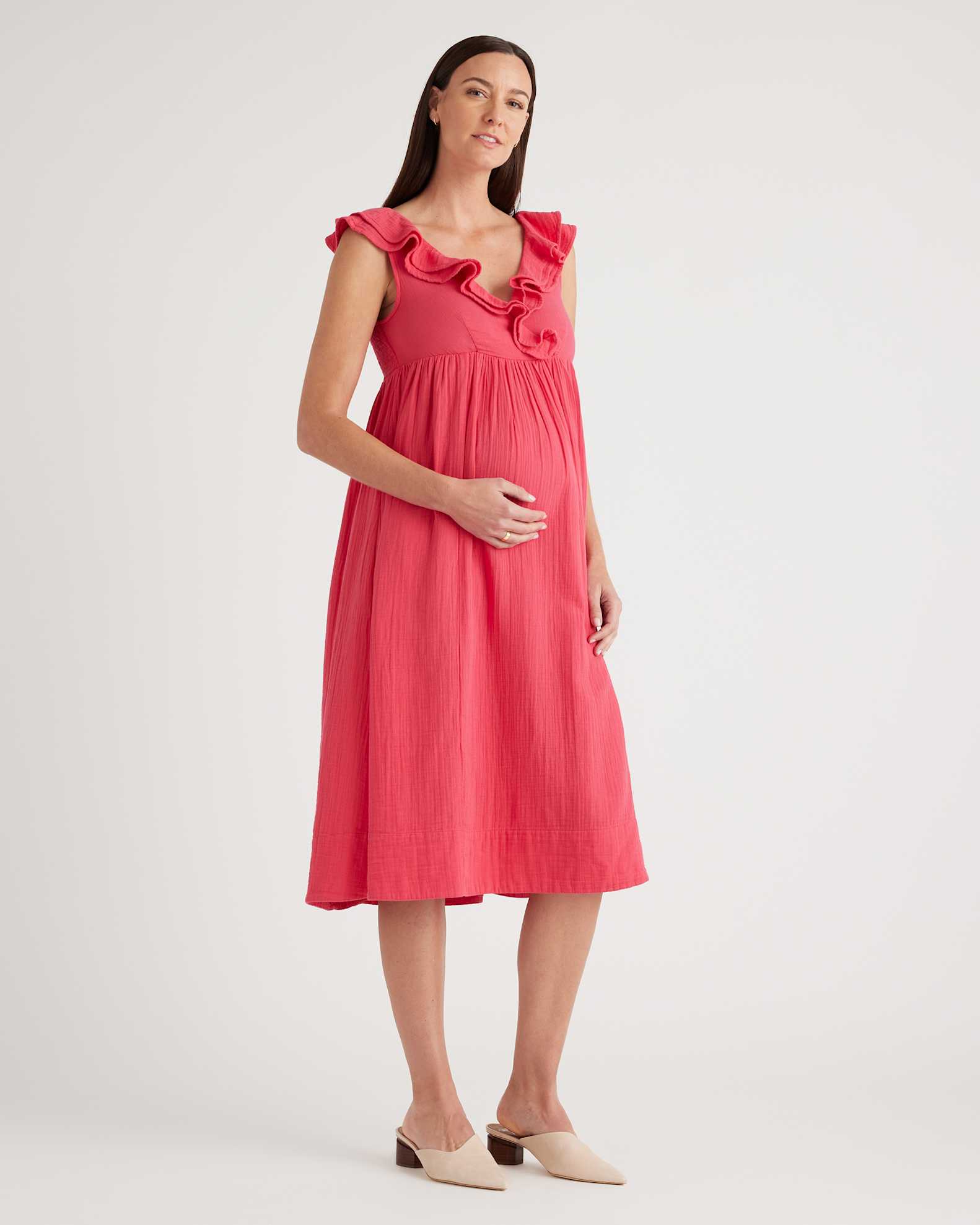 Organic Cotton Gauze Maternity Ruffle Front Dress Organic Cotton Gauze Maternity Ruffle Front Dress
