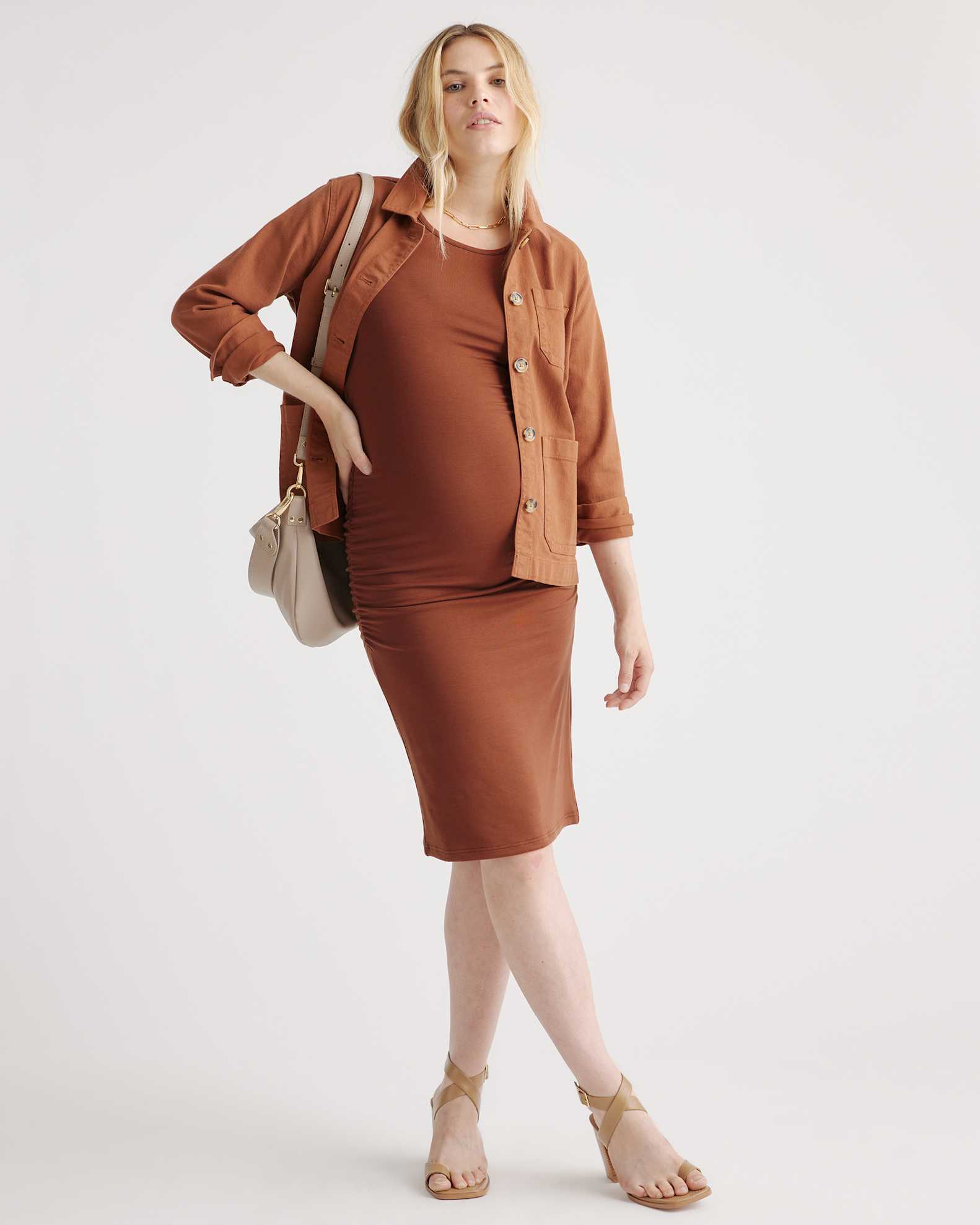 Women's Tencel Jersey Maternity Ruched Dress in Brown, Size Large by Quince Women's Tencel Jersey Maternity Ruched Dress in Brown, Size Large by Quince