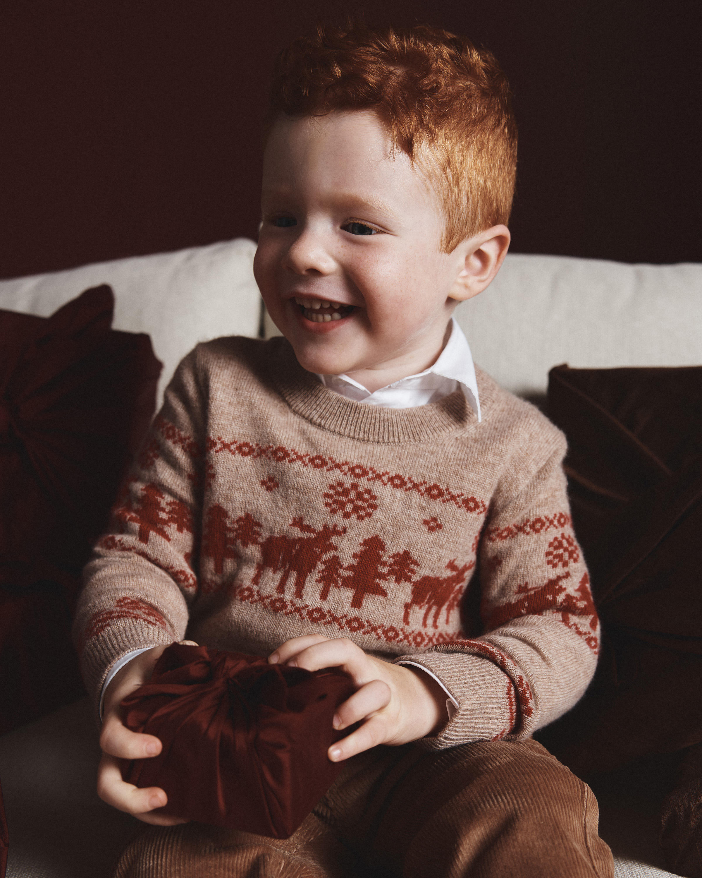 Oatmeal/Varsity Red Kids & Baby Mongolian Cashmere Fair Isle Christmas Sweater