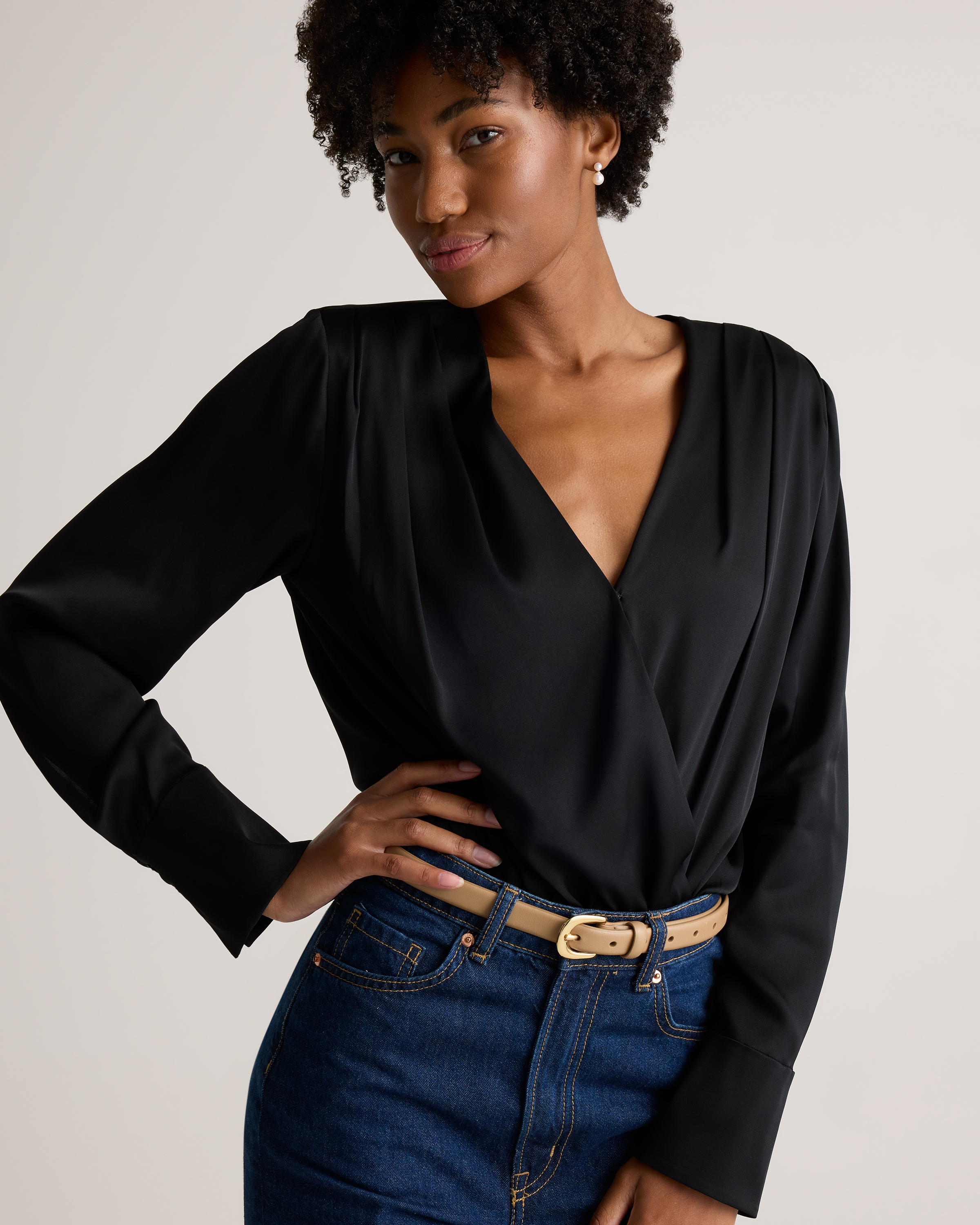 Washable Stretch Silk Surplice Bodysuit in Black
