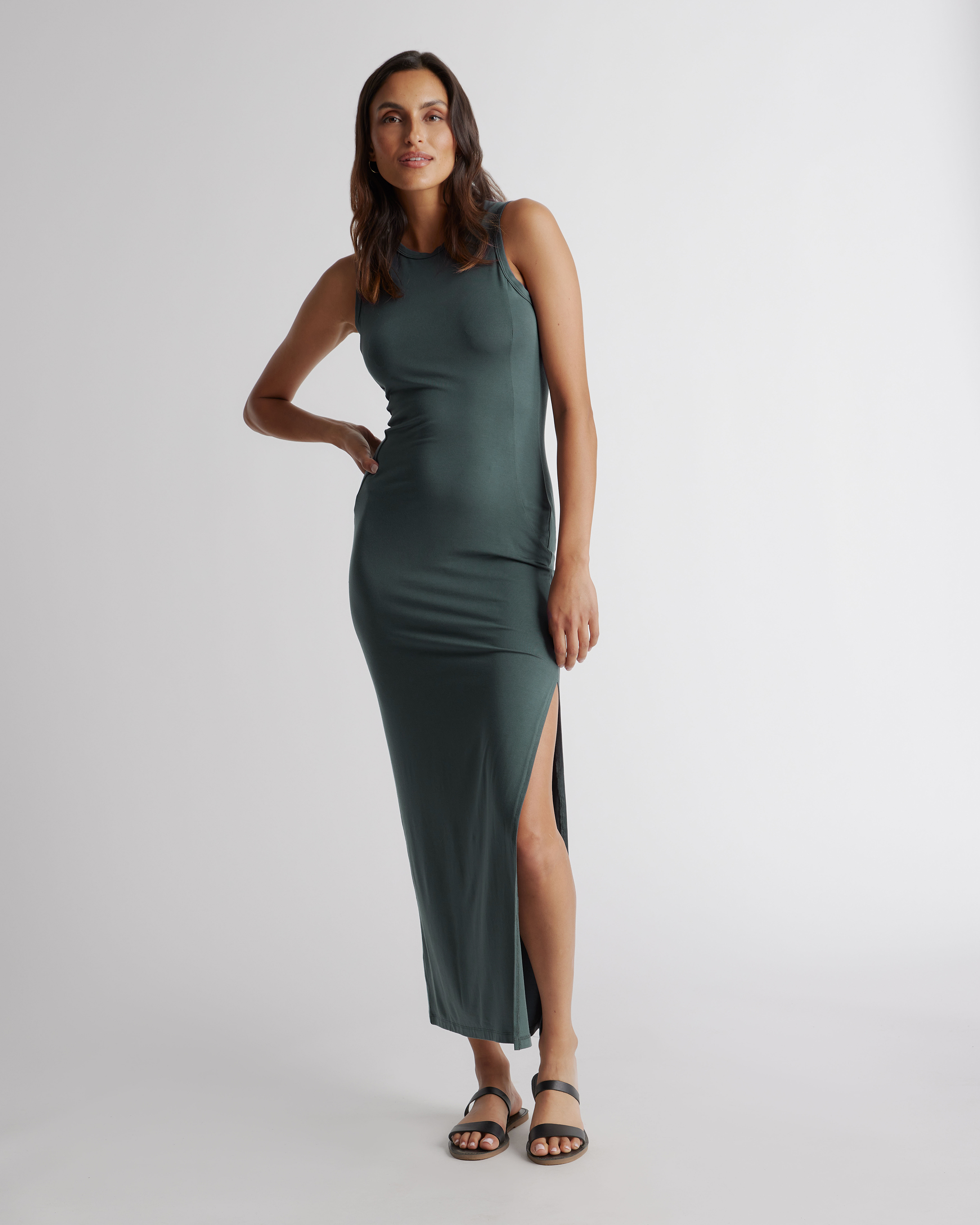 dark green tank dress Quince Women's Tencel Jersey Top Maxi Dress, Olive, Size Small High Crew Neckline And Color:Wisteria Purple Midi dress crew-neck Masculine Wedding Dresses