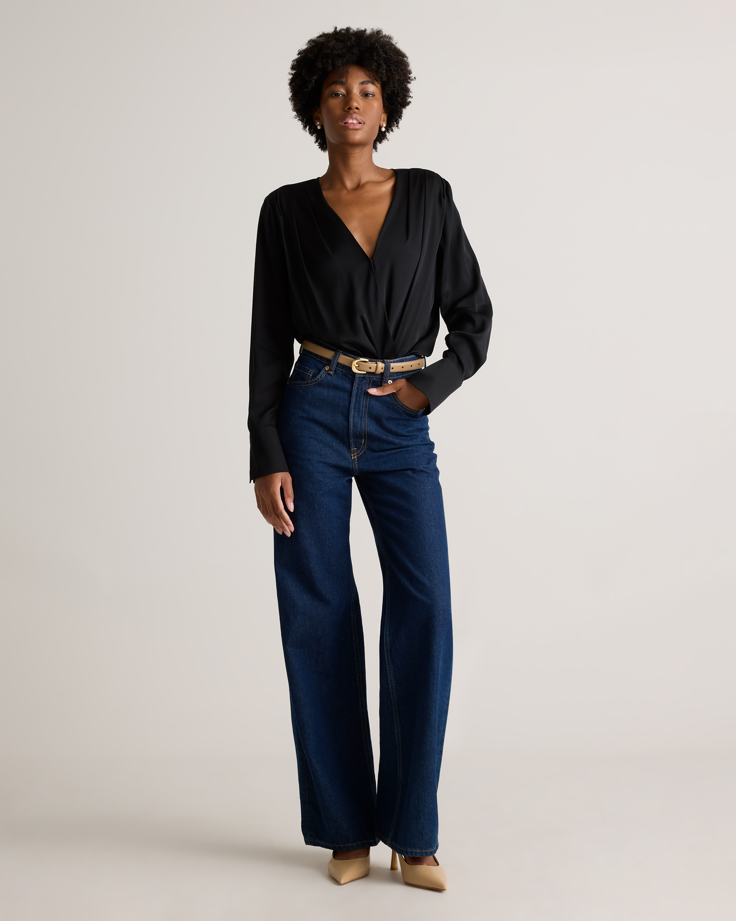 Washable Stretch Silk Surplice Bodysuit in Black