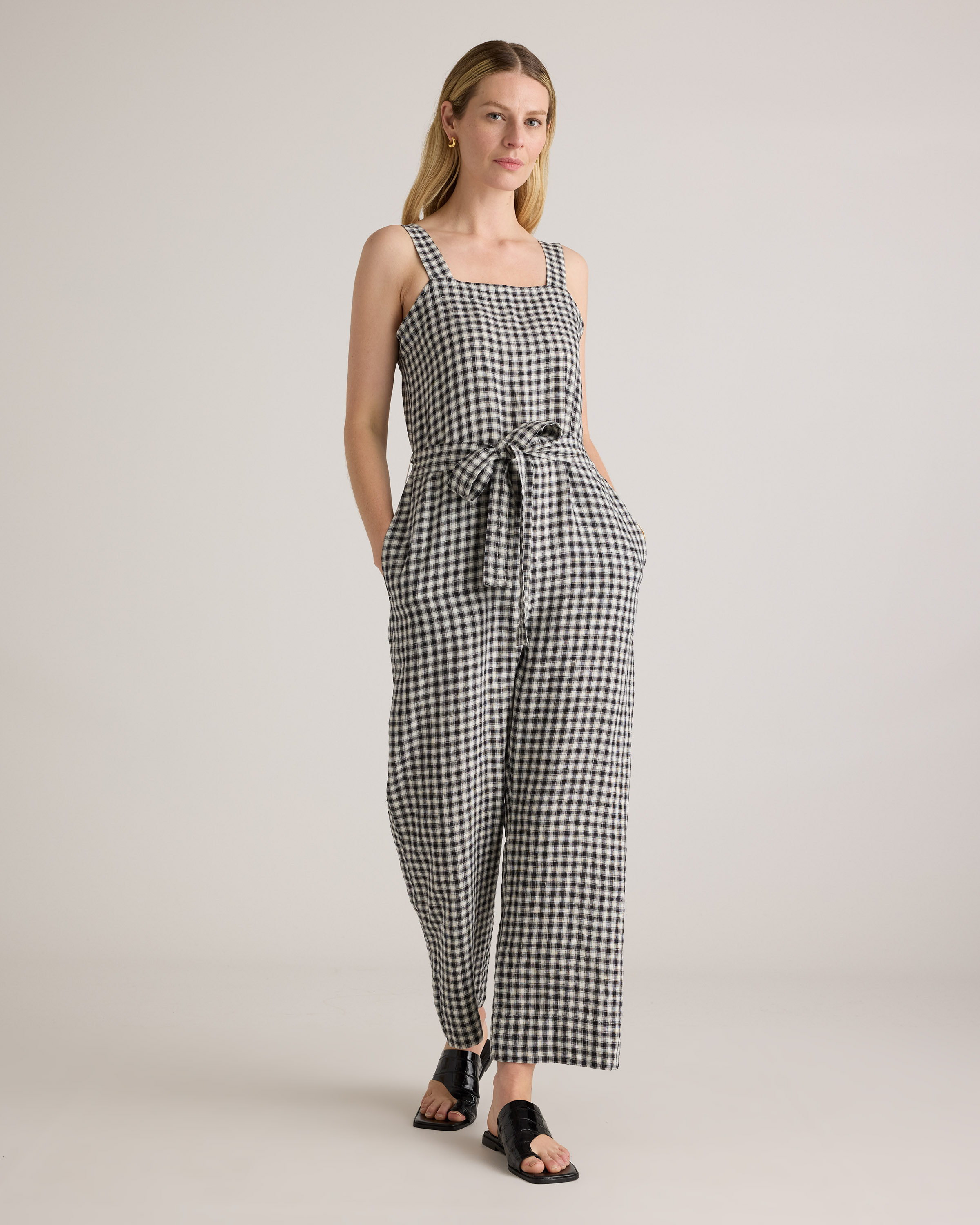 Khaki / Black Gingham 100% European Linen Square Neck Jumpsuit