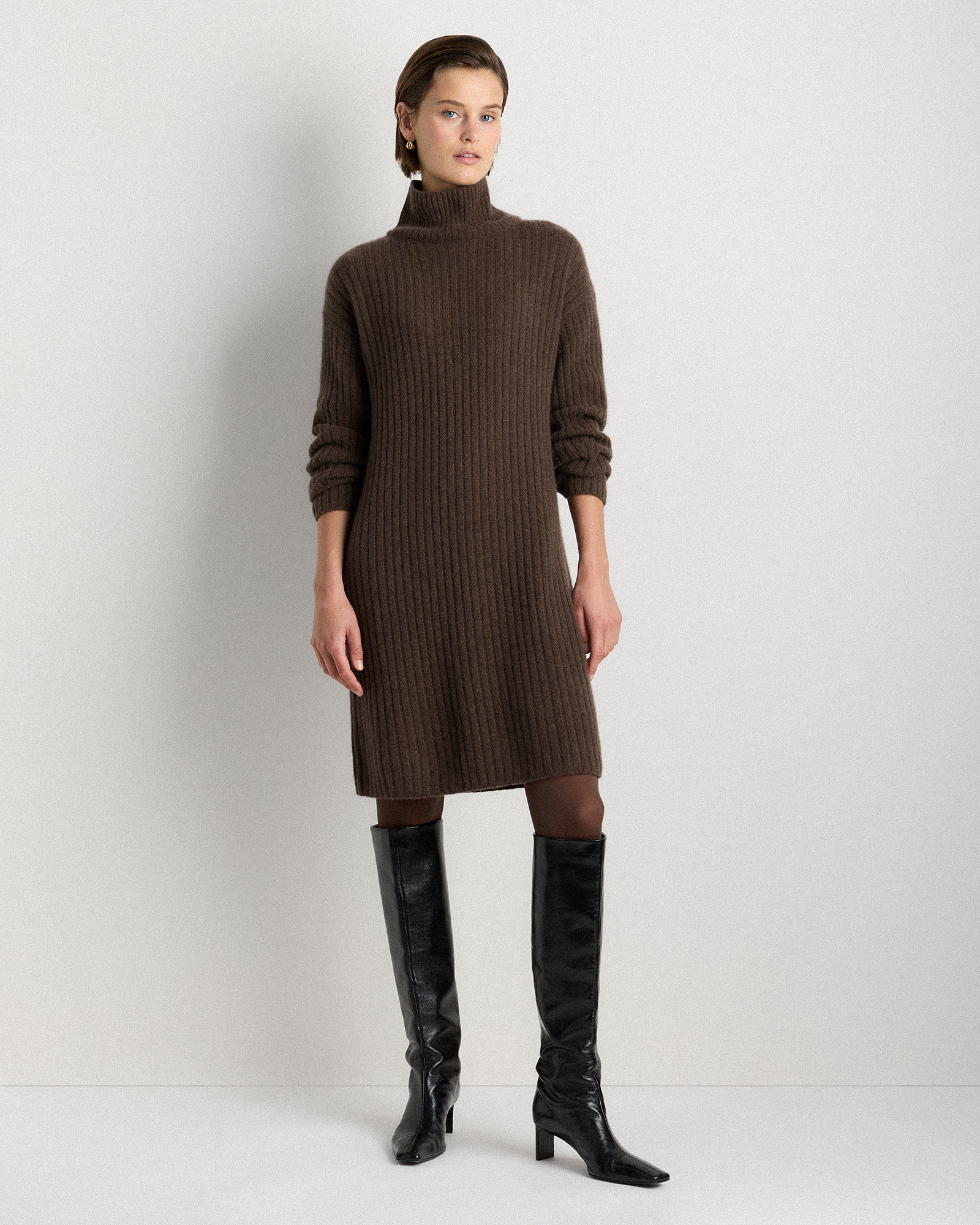 women's brown sweater dress Mongolian Cashmere Ribbed Turtleneck Mini in Brown, Size XS by Quince Side Slit