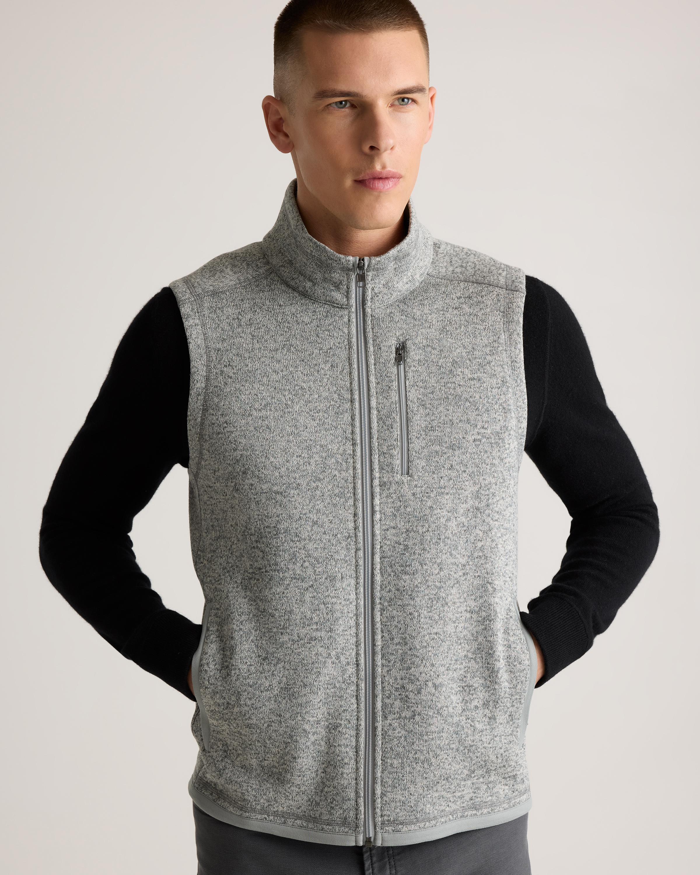 Sweater-Knit Fleece Full-Zip Vest in Heather Grey