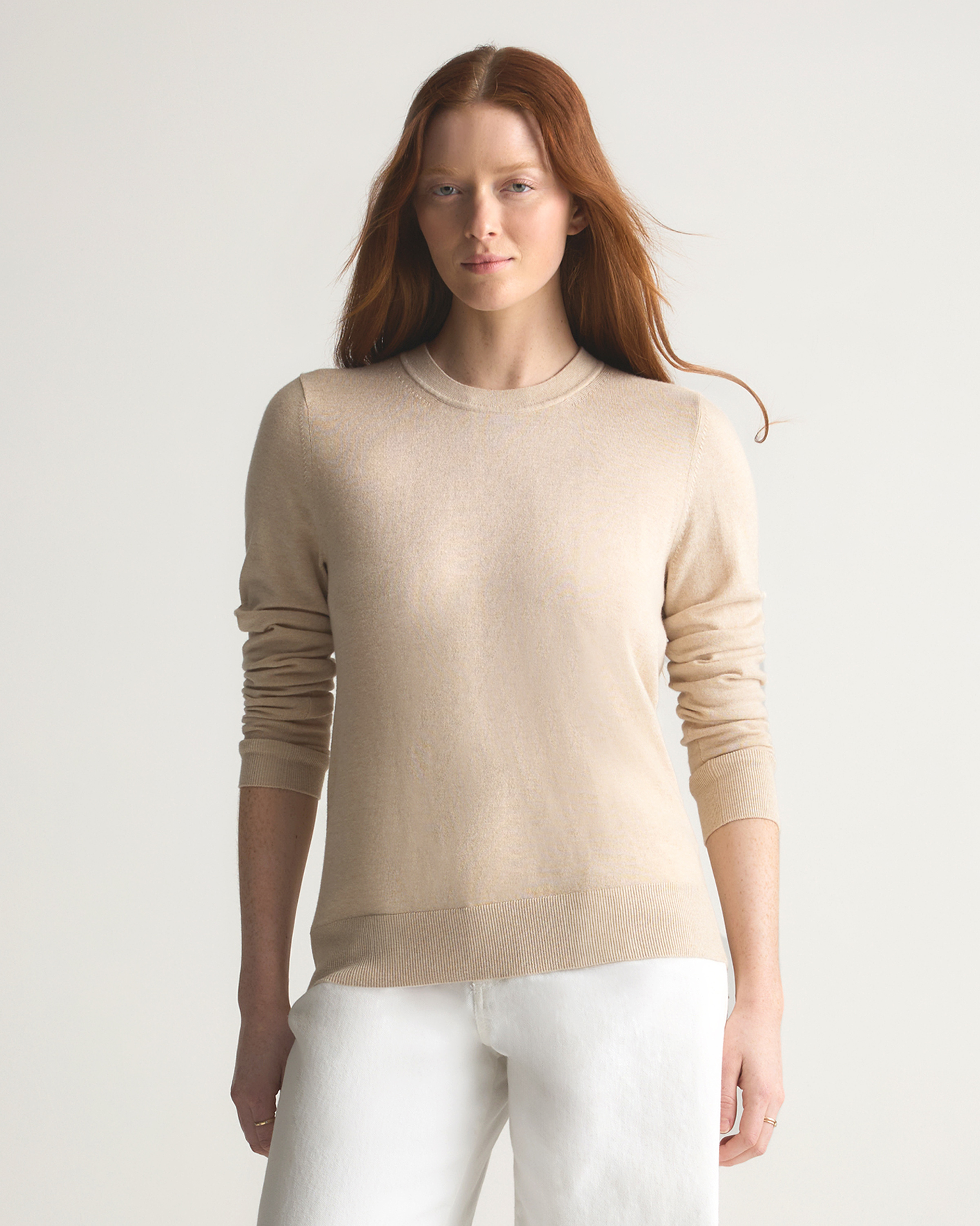 Heather Oatmeal Lightweight Cotton Cashmere Crew Sweater 