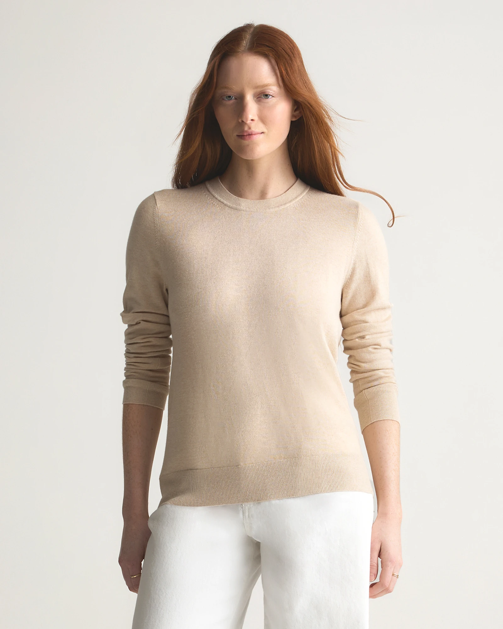 Lightweight Cotton Cashmere Crew Sweater in Heather Oatmeal