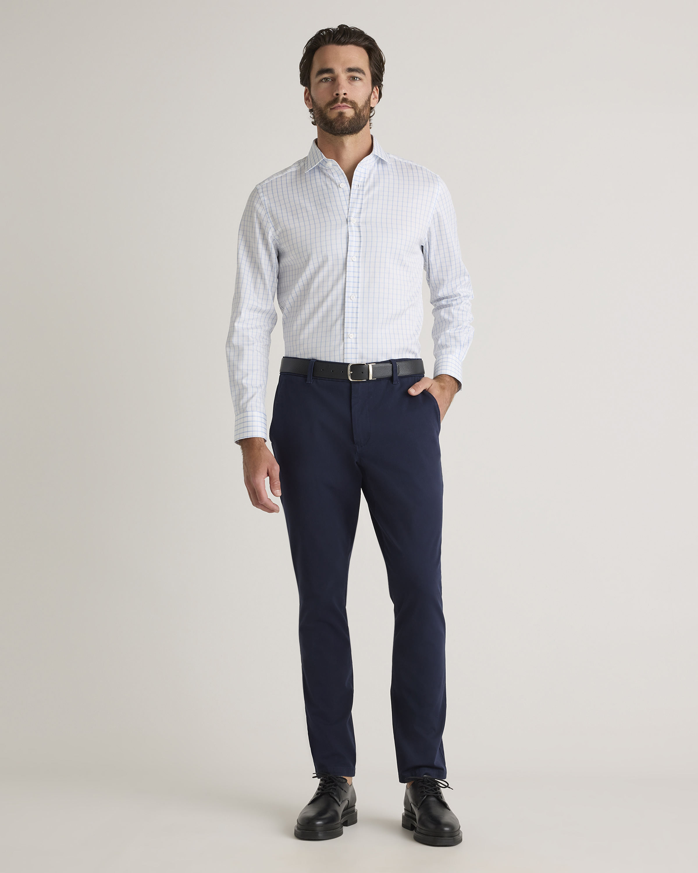 Organic Cotton Stretch Twill Dress Shirt in Light Blue/White Check