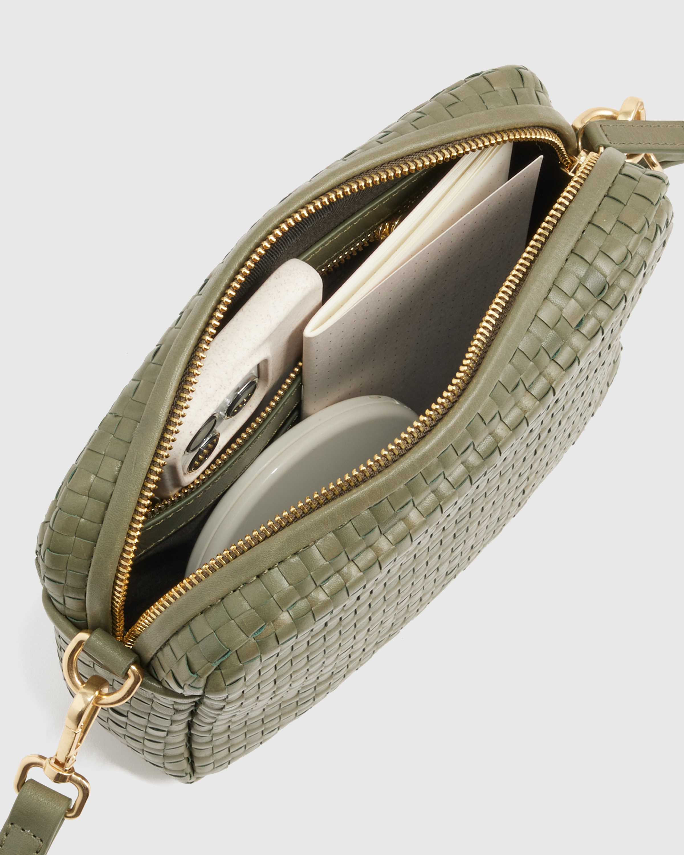 Italian Leather Woven Camera Crossbody in Olive