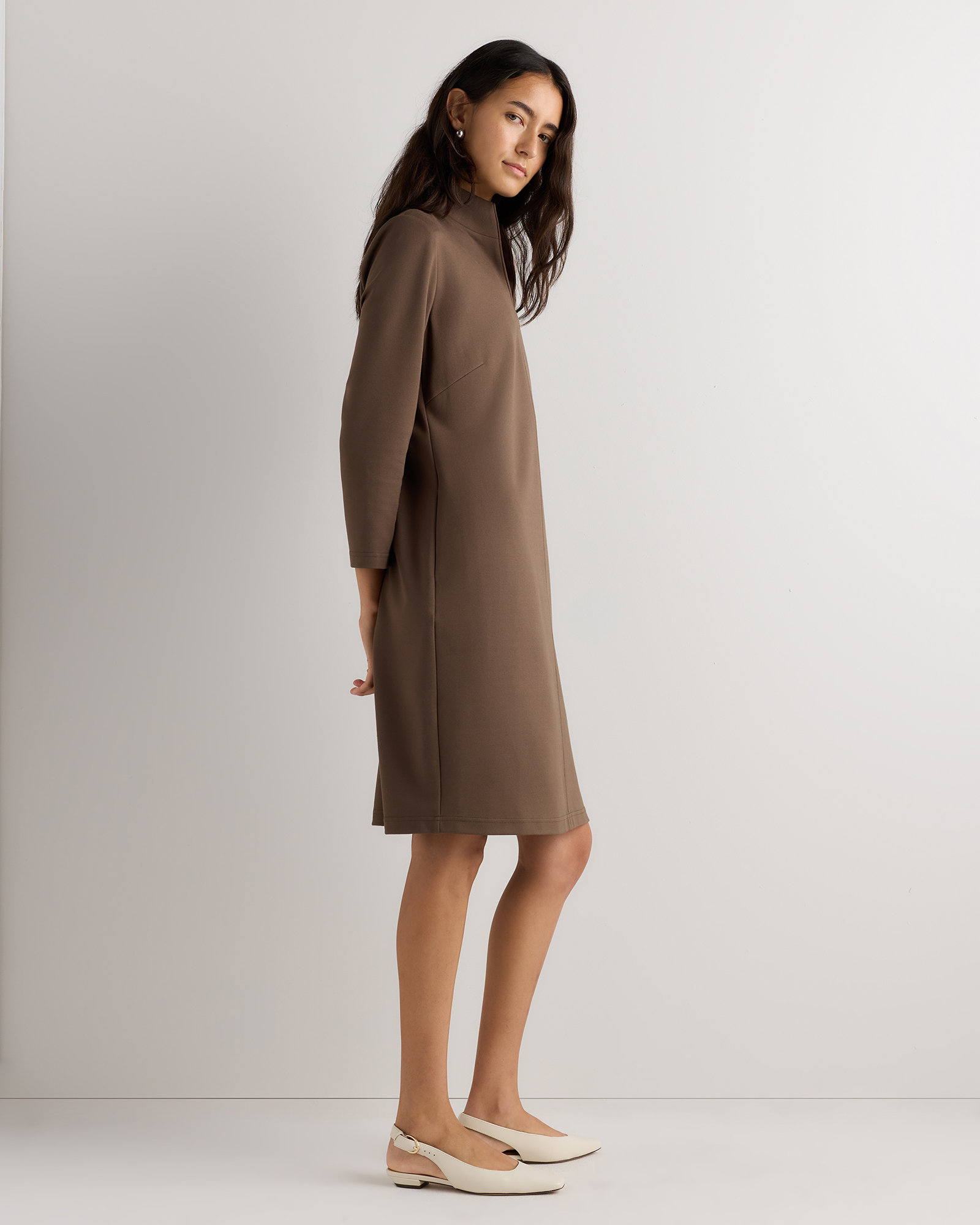 brown ponte dress Ultra-Stretch Split Neck Mini in Dark Baltic calf on tall frames sparkle birthday dress ELIE TAHARI Size 0 Style:Style #72631