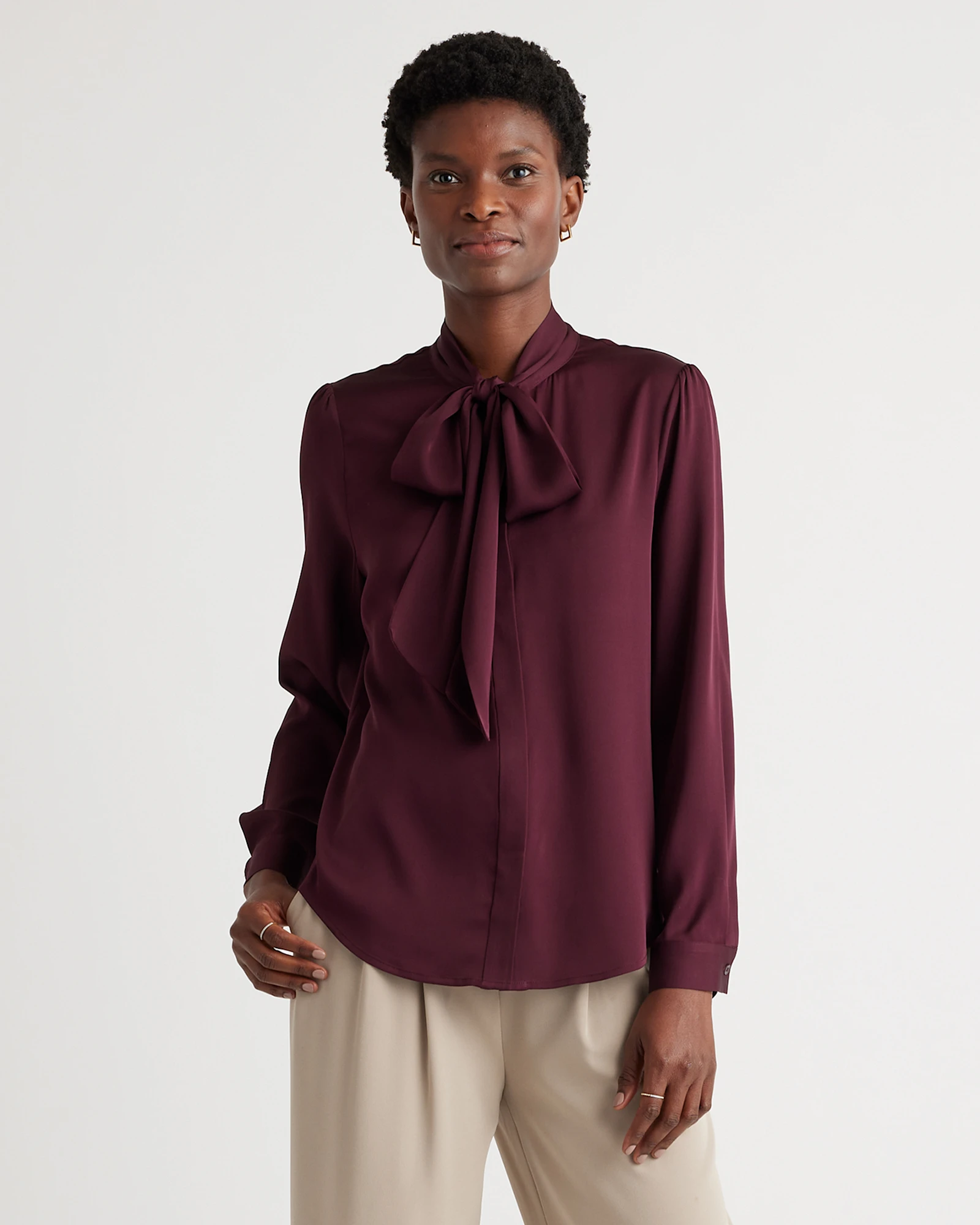 Washable Stretch Silk Tie Neck Blouse
