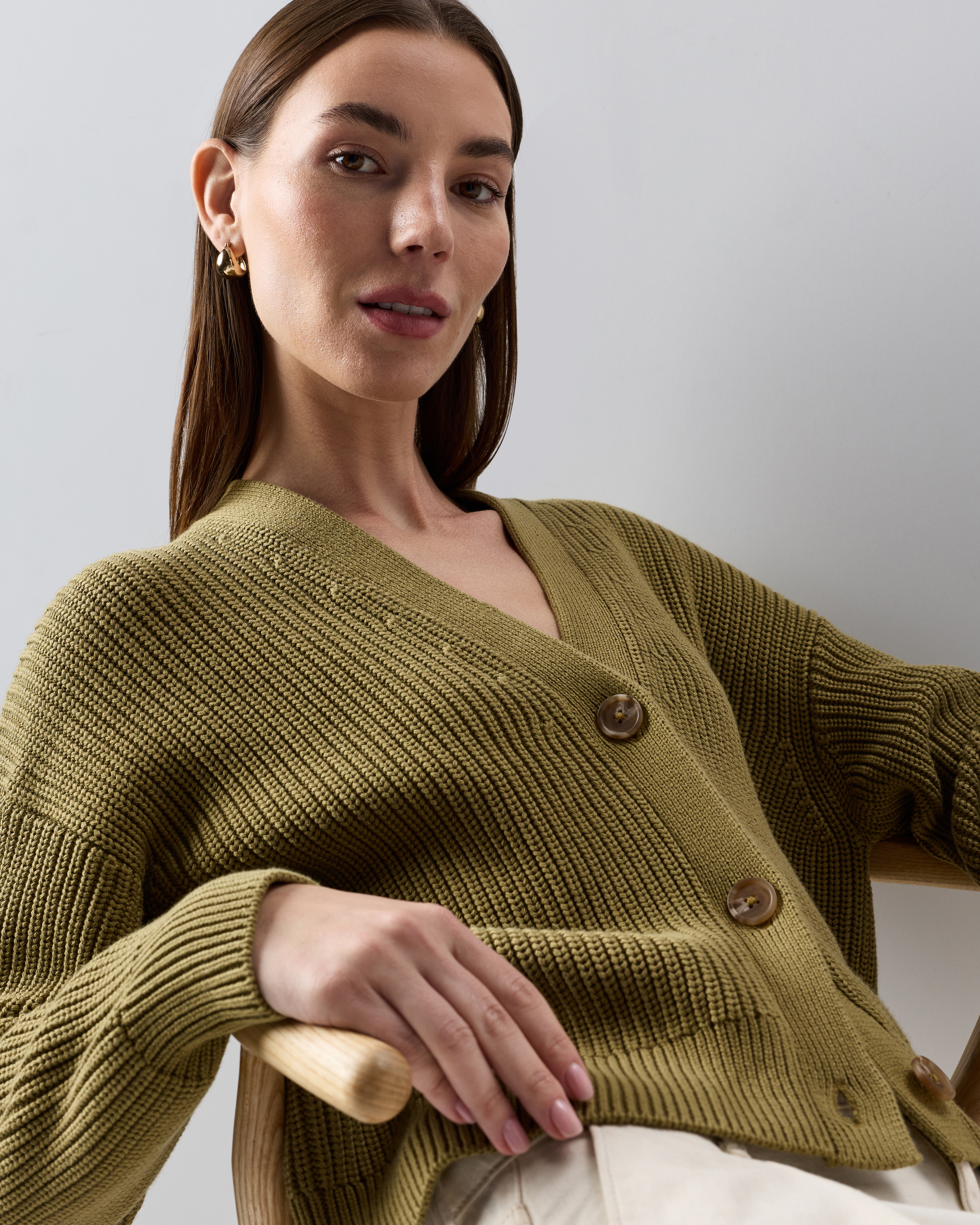 100% Organic Cotton Fisherman Boxy Cropped Cardigan in Herb Green
