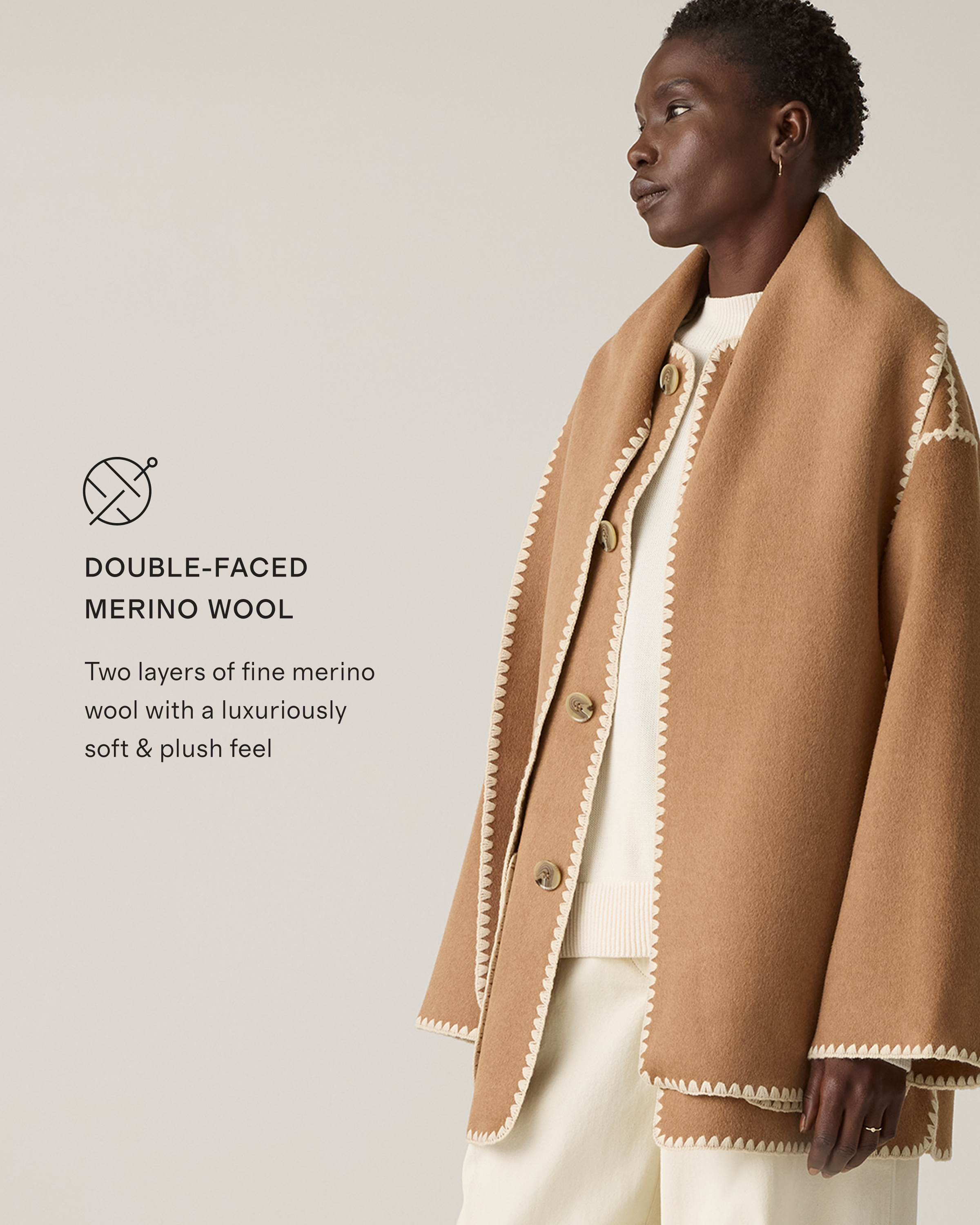 Double-Faced Merino Wool Scarf Coat in Caramel