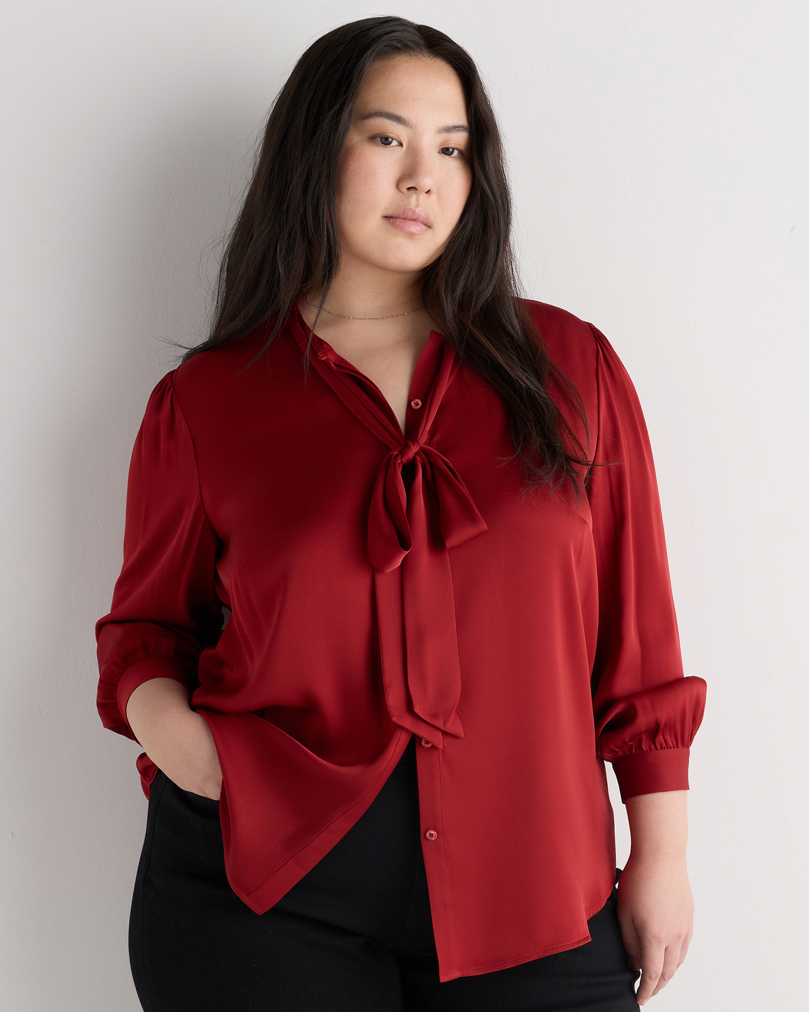 Clay Red Washable Stretch Silk Tie Neck Blouse
