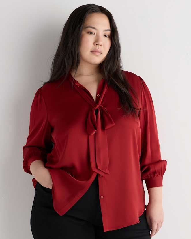 Clay Red Washable Stretch Silk Tie Neck Blouse